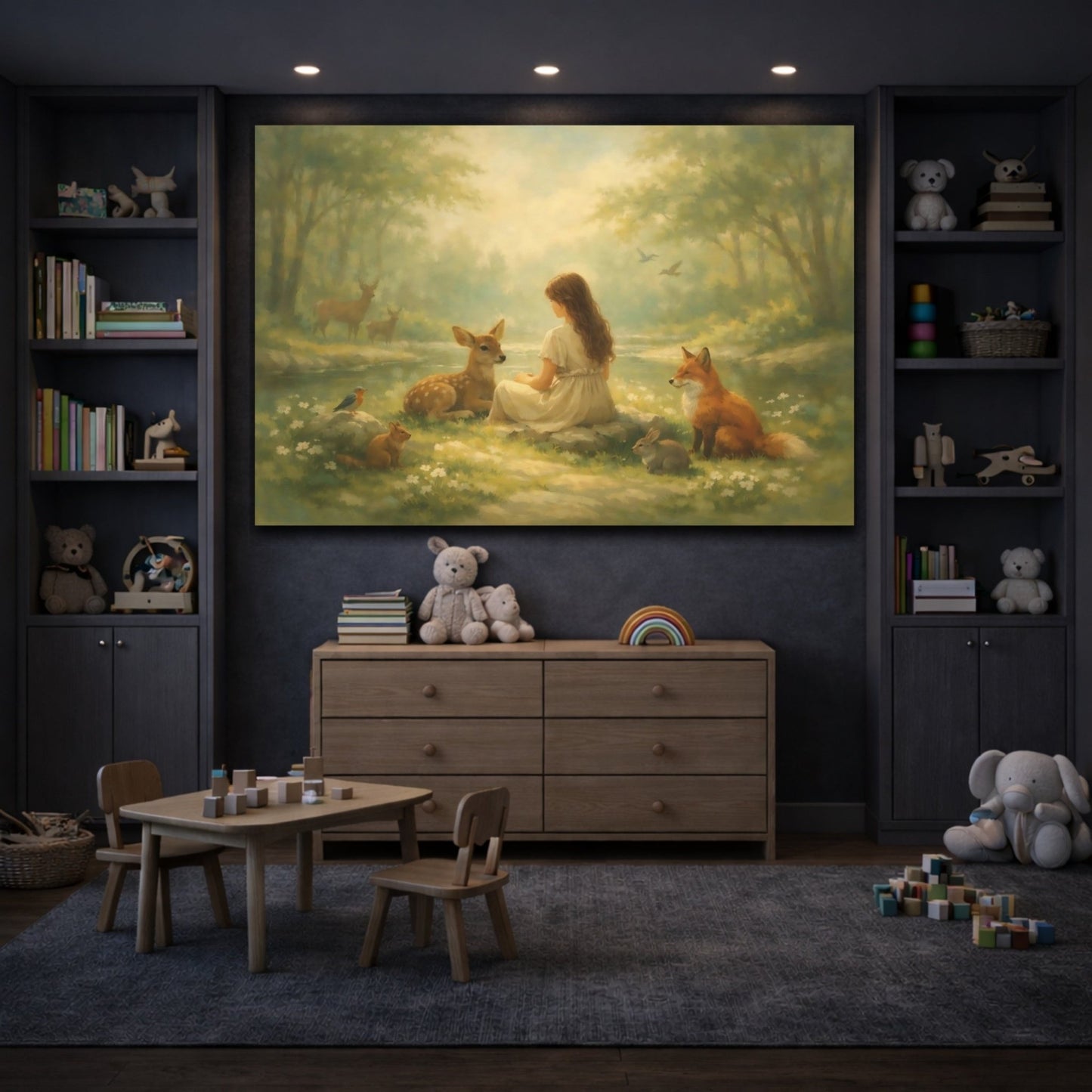 Fairytale Girl And Animals Green Forest - Canvas Wall Art Print - YesArtYes