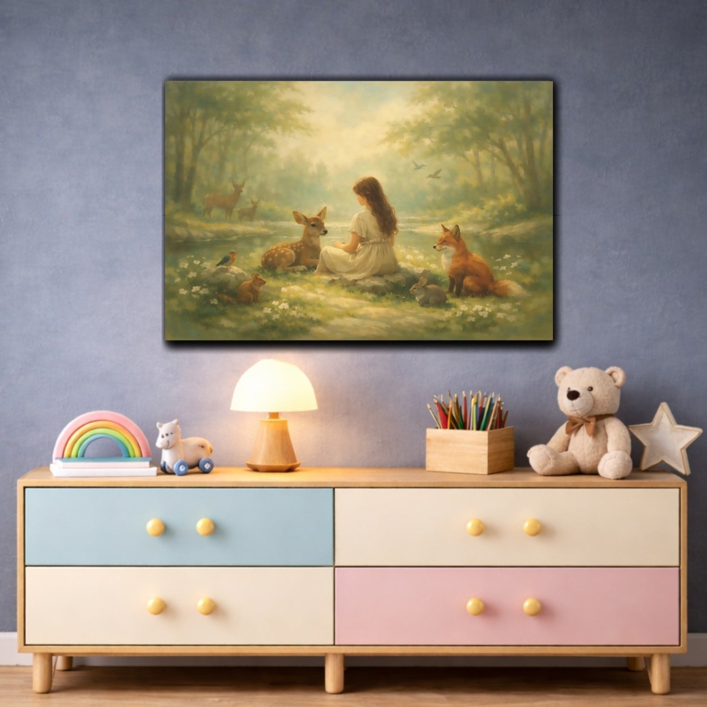 Fairytale Girl And Animals Green Forest - Canvas Wall Art Print - YesArtYes
