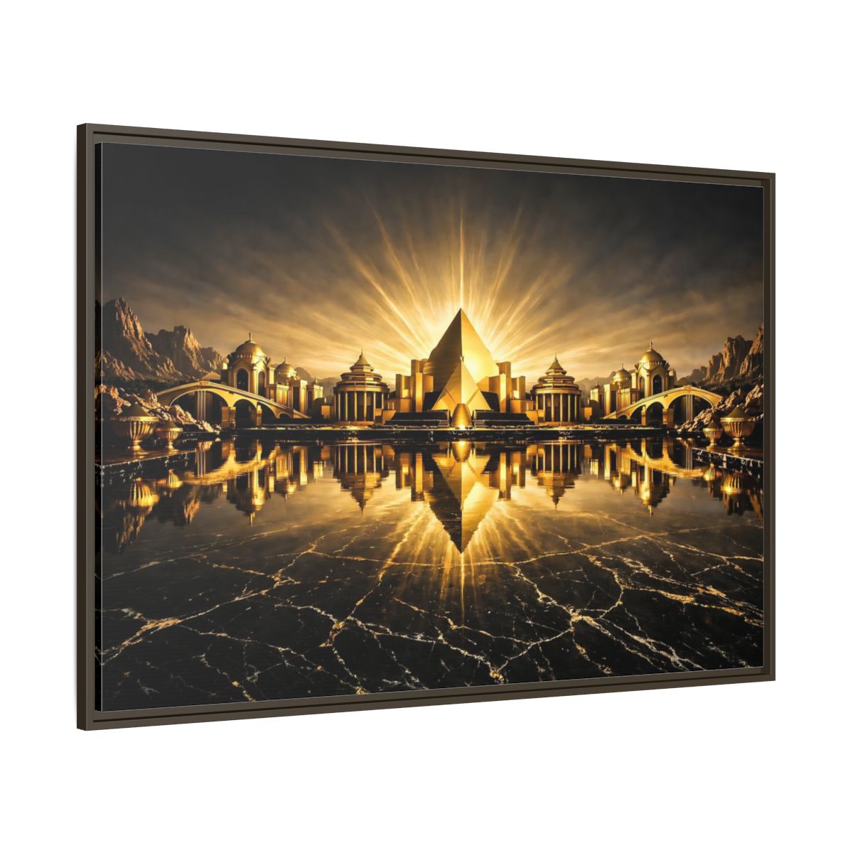 Main Mockup. Fairytale Golden City Black And Gold shown as stretched canvas wall art
