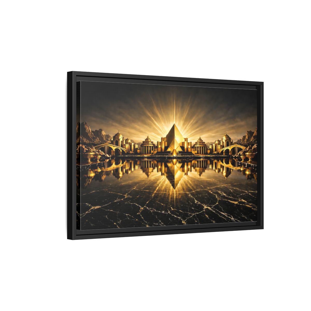 Side Mockup 3. Fairytale Golden City Black And Gold shown as stretched canvas wall art