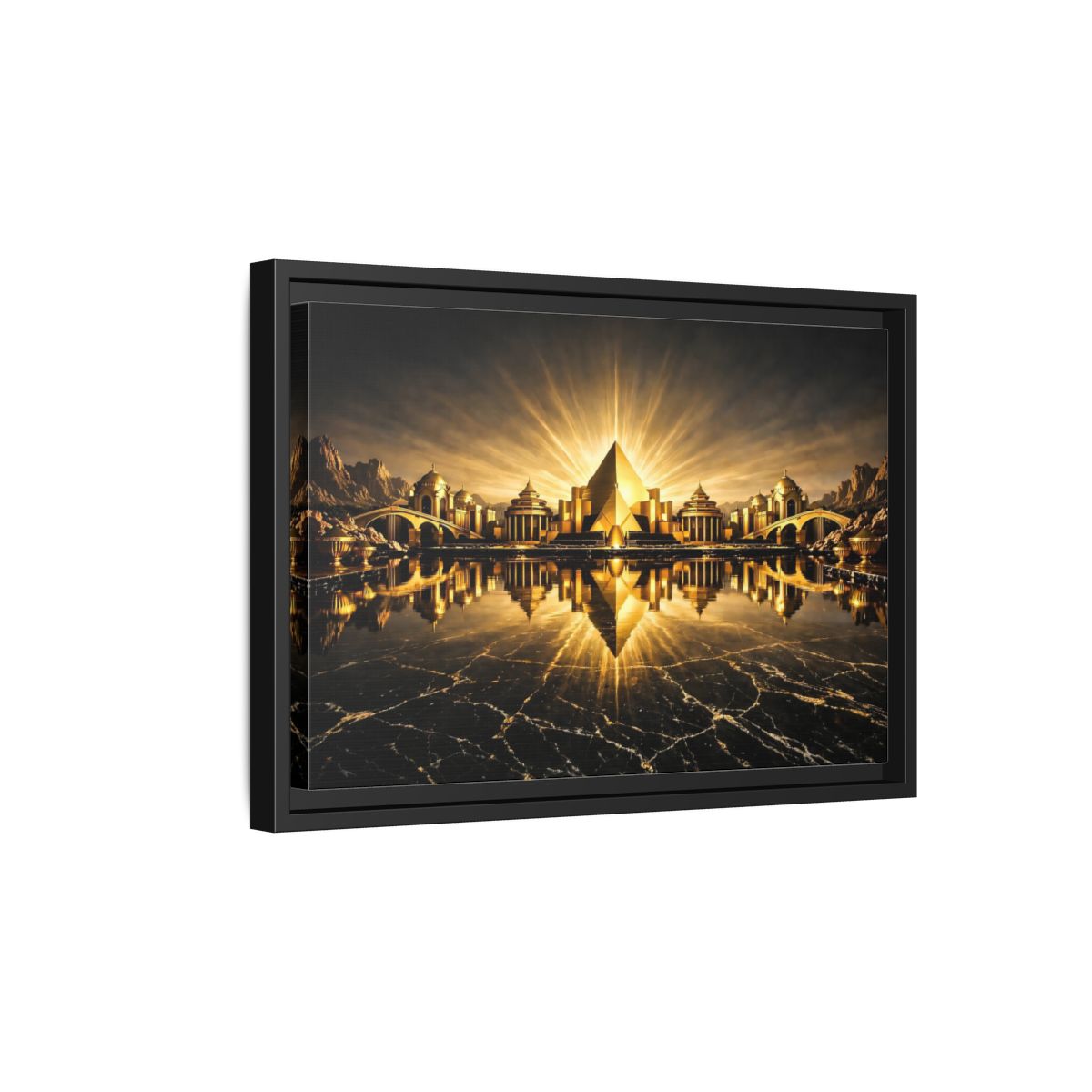 Side Mockup 6. Fairytale Golden City Black And Gold shown as stretched canvas wall art