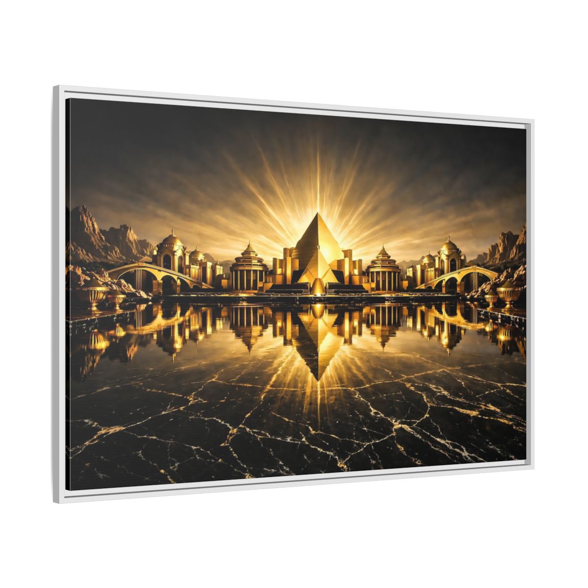 Side Mockup 7. Fairytale Golden City Black And Gold shown as stretched canvas wall art