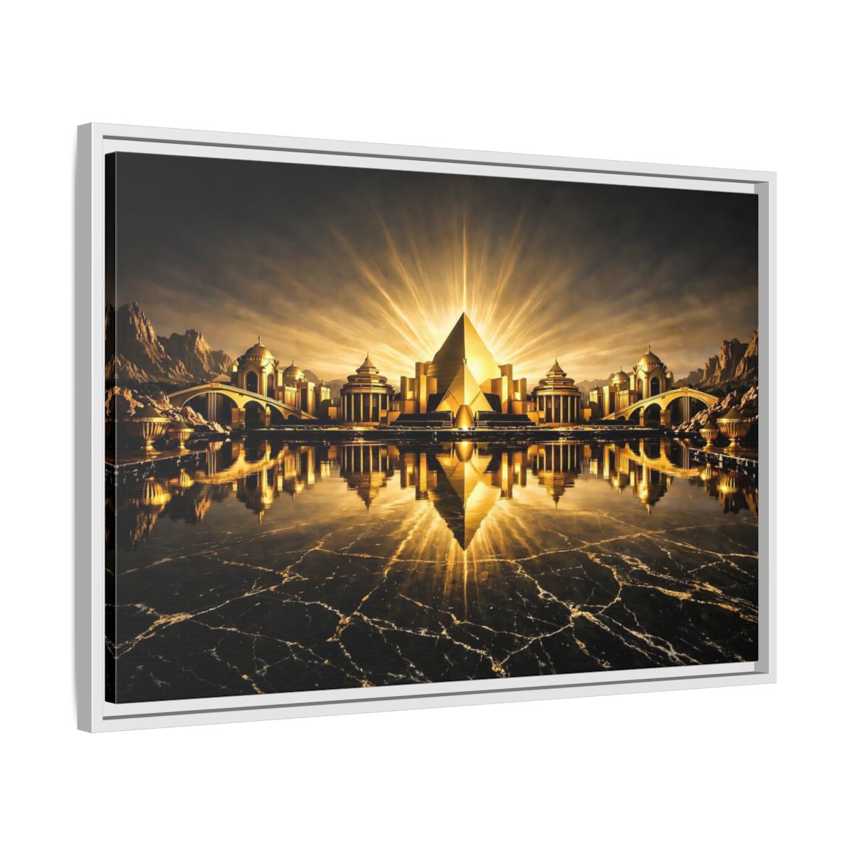 Side Mockup 10. Fairytale Golden City Black And Gold shown as stretched canvas wall art