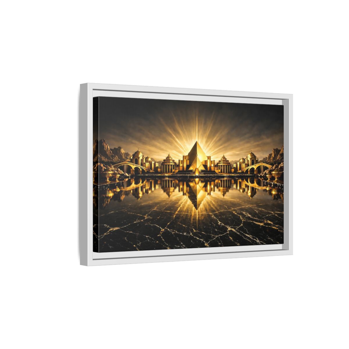 Side Mockup 4. Fairytale Golden City Black And Gold shown as stretched canvas wall art