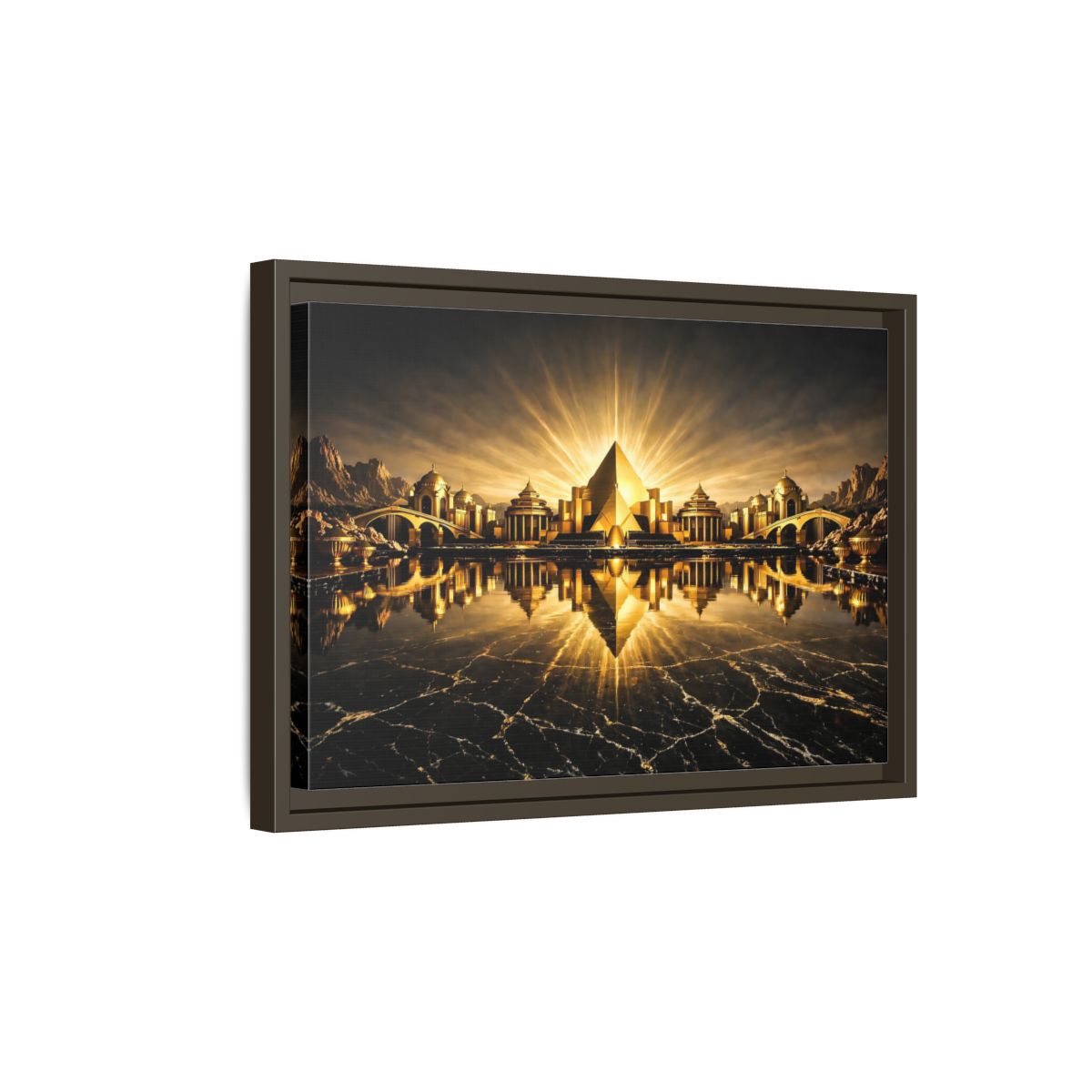 Side Mockup 5. Fairytale Golden City Black And Gold shown as stretched canvas wall art