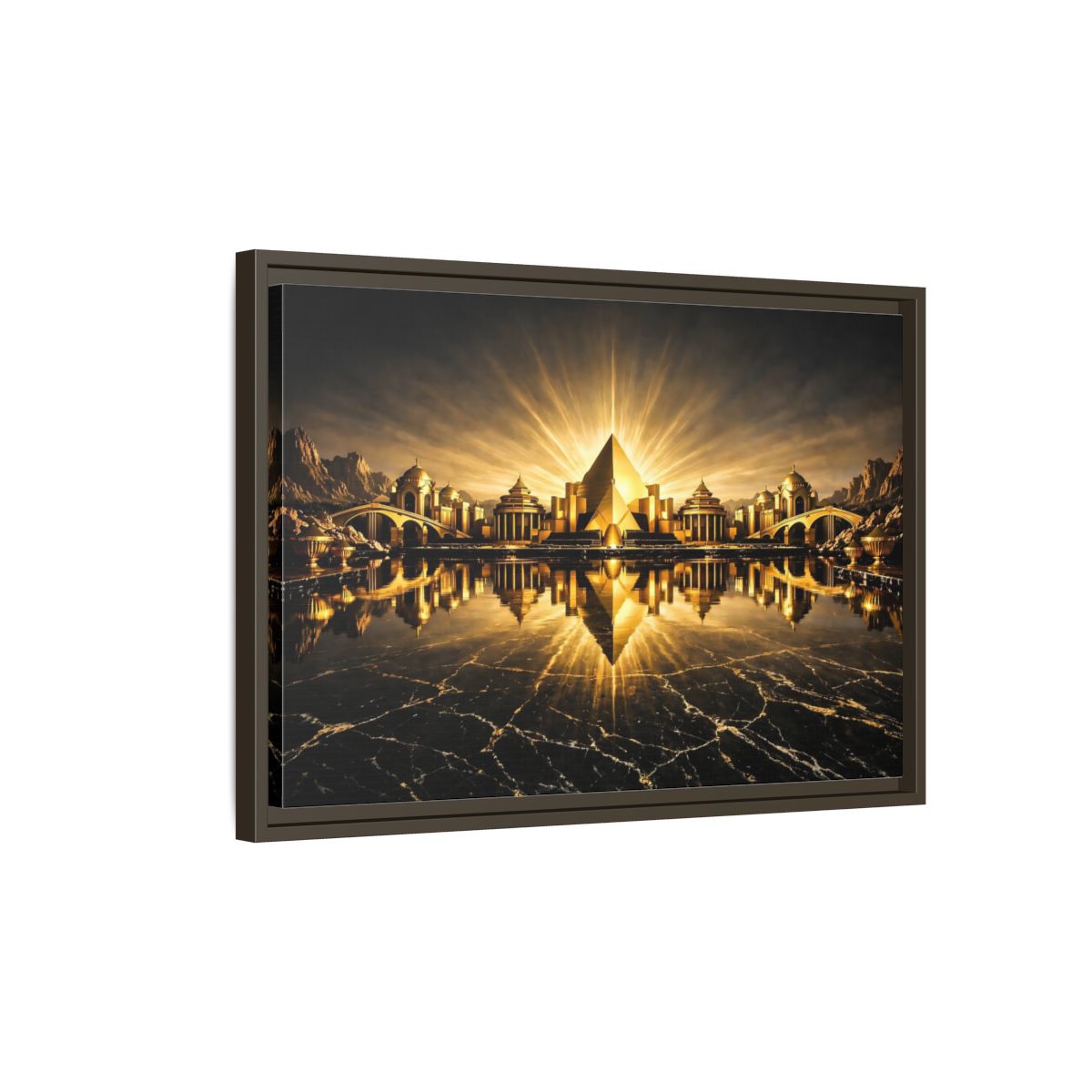 Side Mockup 2. Fairytale Golden City Black And Gold shown as stretched canvas wall art
