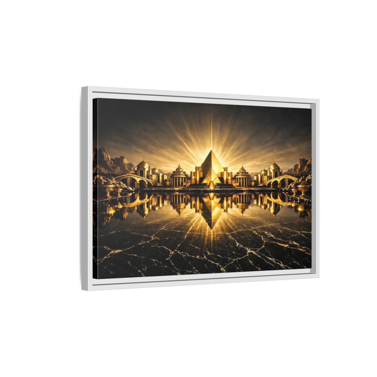 Side Mockup 1. Fairytale Golden City Black And Gold shown as stretched canvas wall art