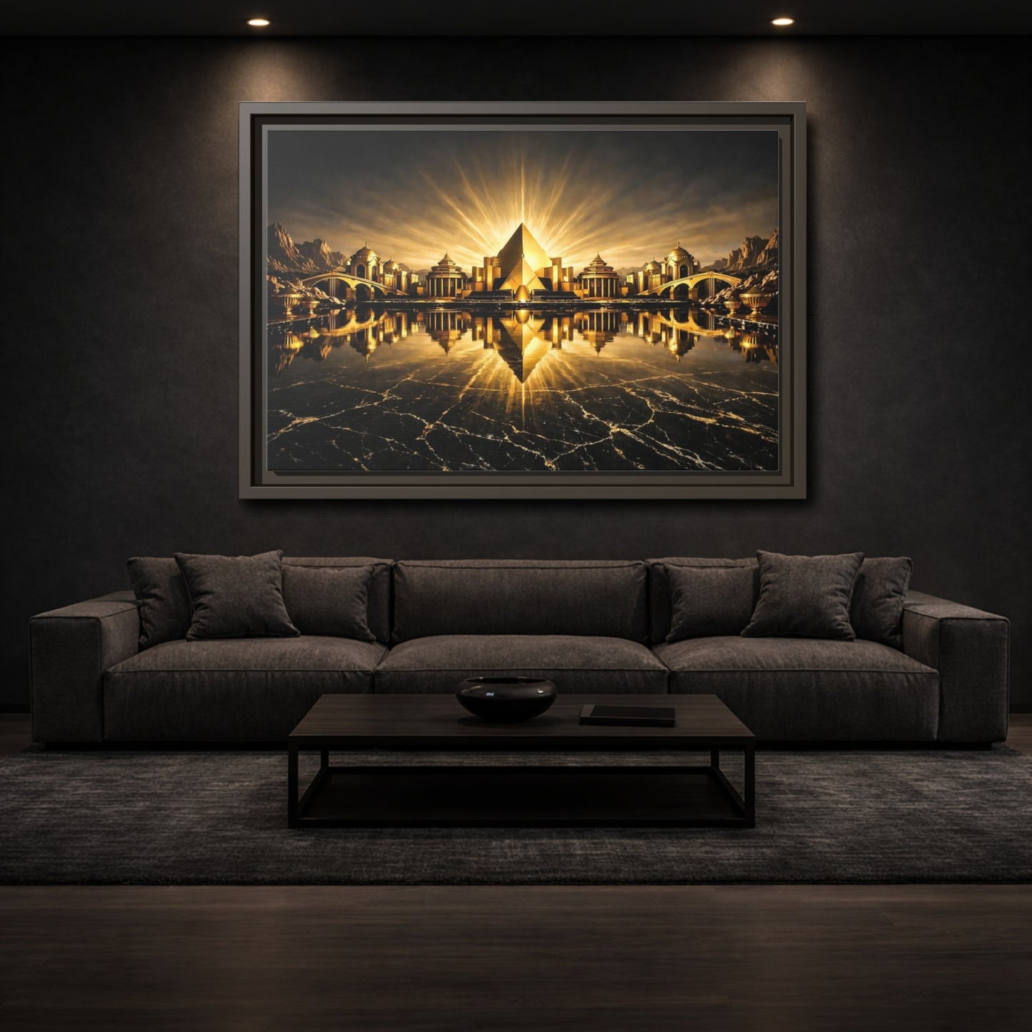 Mockup 2. Fairytale Golden City Black And Gold shown as stretched canvas wall art