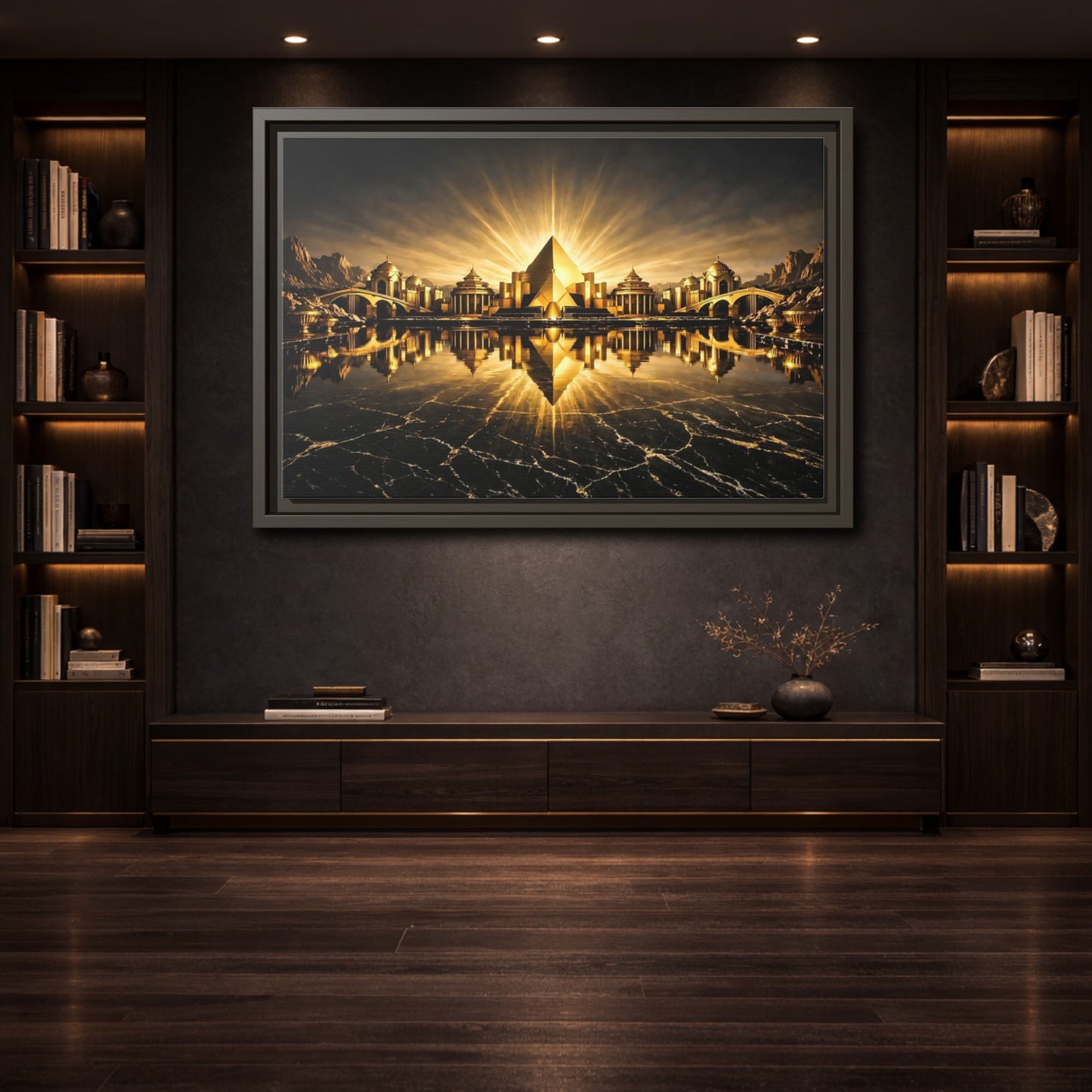 Mockup 3. Fairytale Golden City Black And Gold shown as stretched canvas wall art