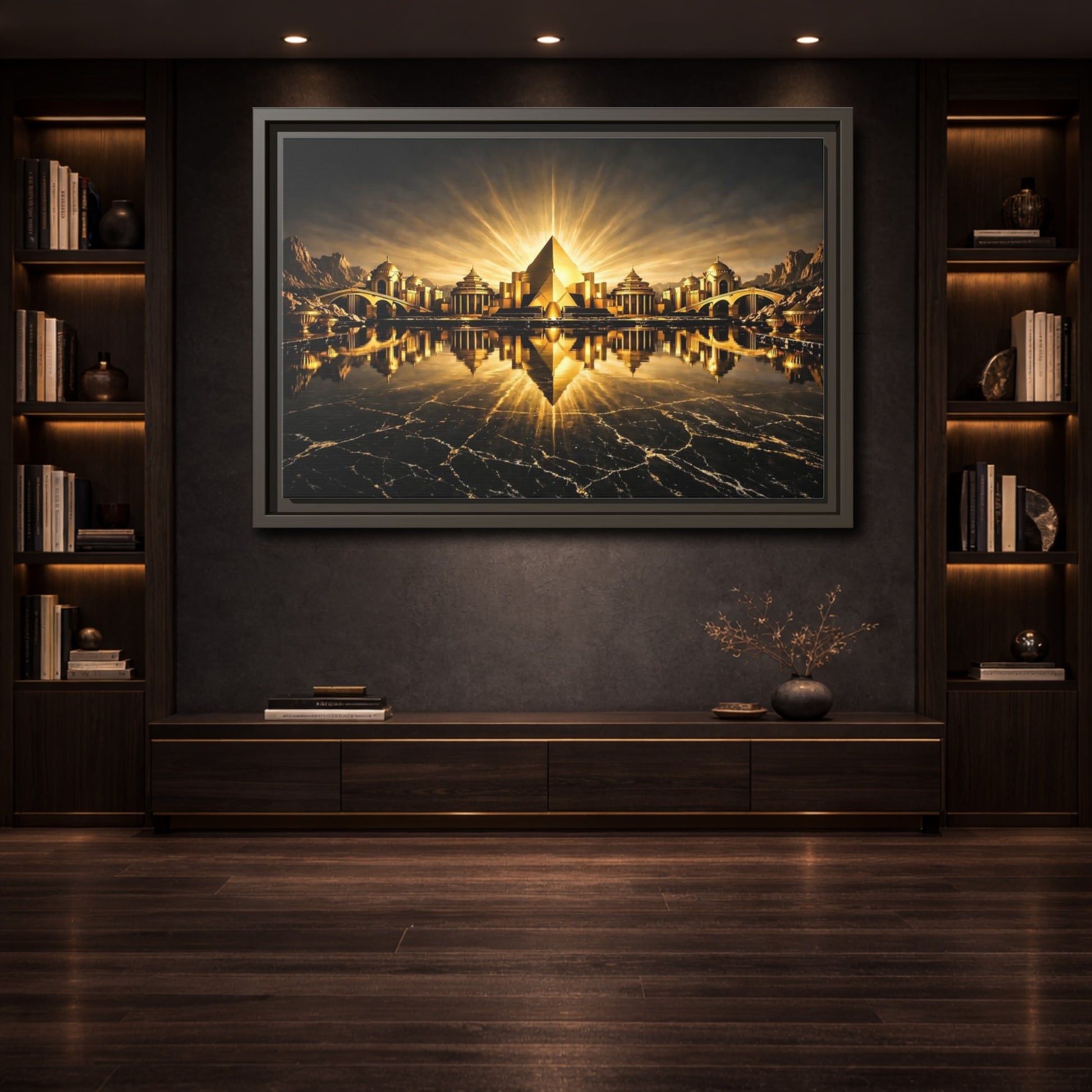 Mockup 3. Fairytale Golden City Black And Gold shown as stretched canvas wall art