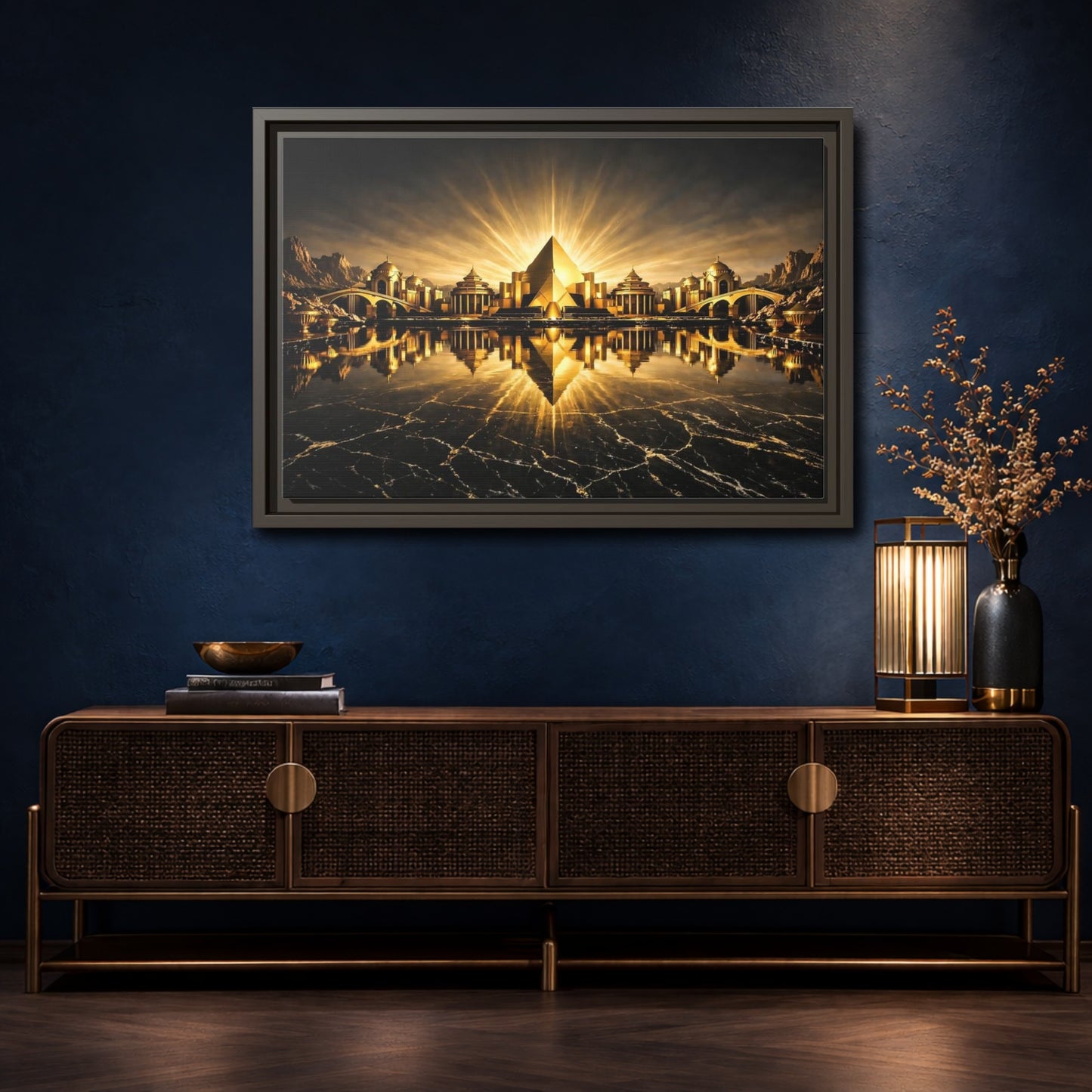 Mockup 4. Fairytale Golden City Black And Gold shown as stretched canvas wall art
