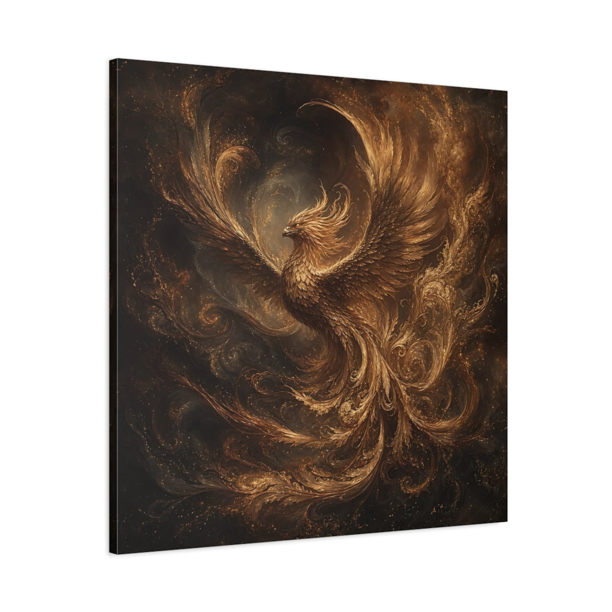 Main Mockup. Fairytale Golden Phoenix Gold And Black shown as stretched canvas wall art