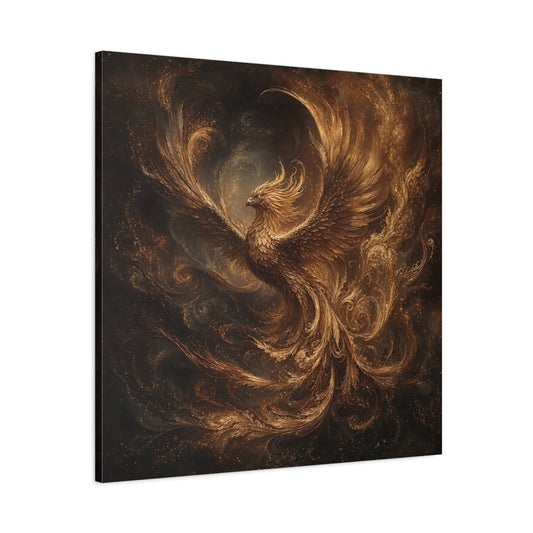 Main Mockup. Fairytale Golden Phoenix Gold And Black shown as stretched canvas wall art