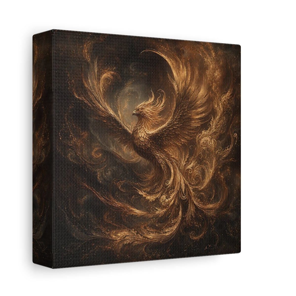 Side Mockup 2. Fairytale Golden Phoenix Gold And Black shown as stretched canvas wall art