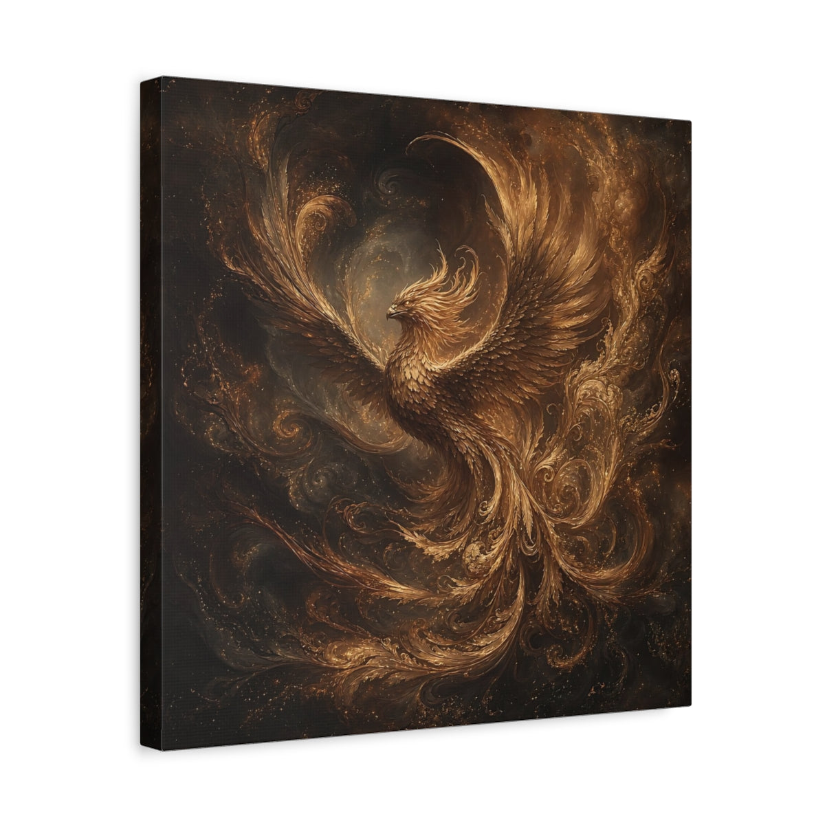 Side Mockup 6. Fairytale Golden Phoenix Gold And Black shown as stretched canvas wall art