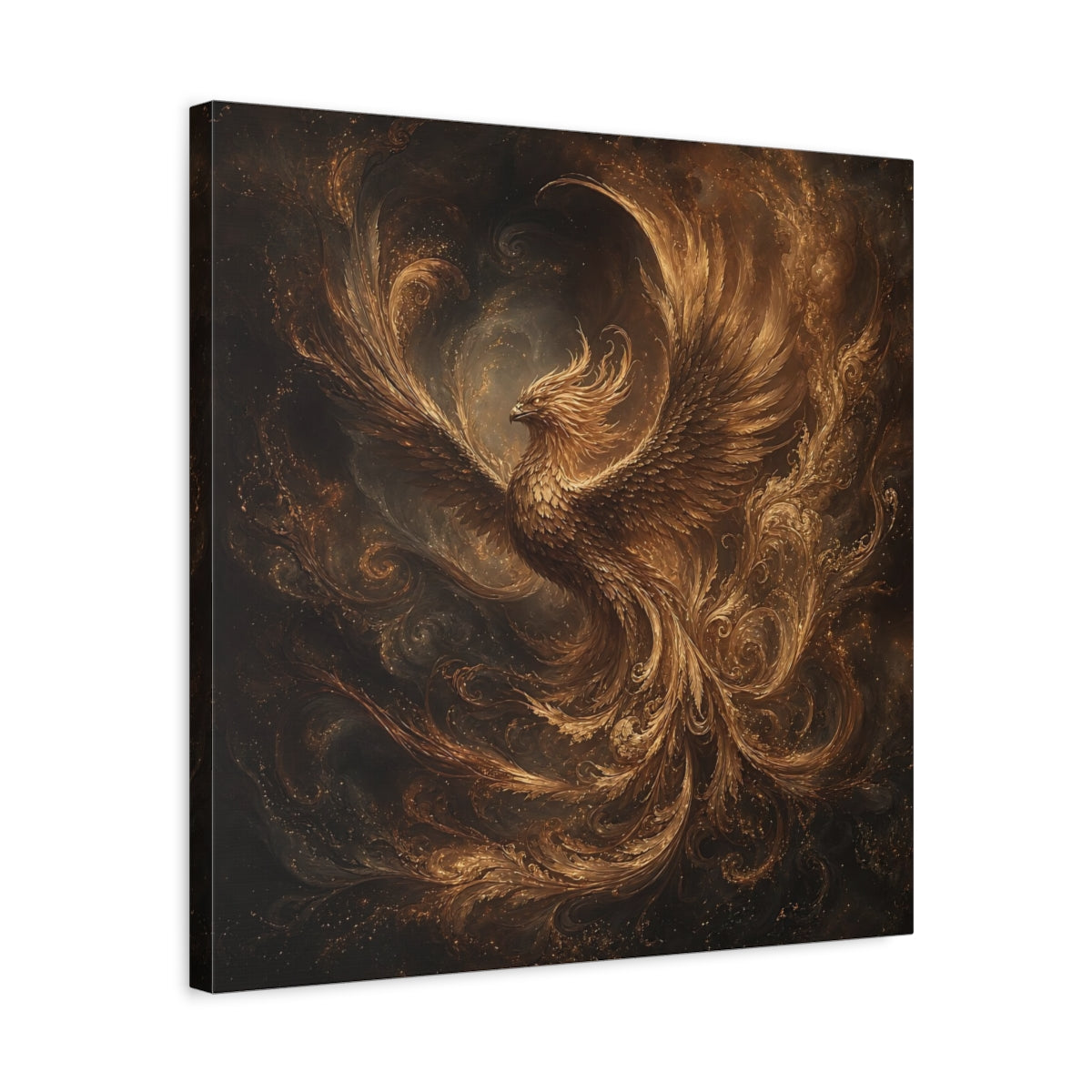 Side Mockup 5. Fairytale Golden Phoenix Gold And Black shown as stretched canvas wall art