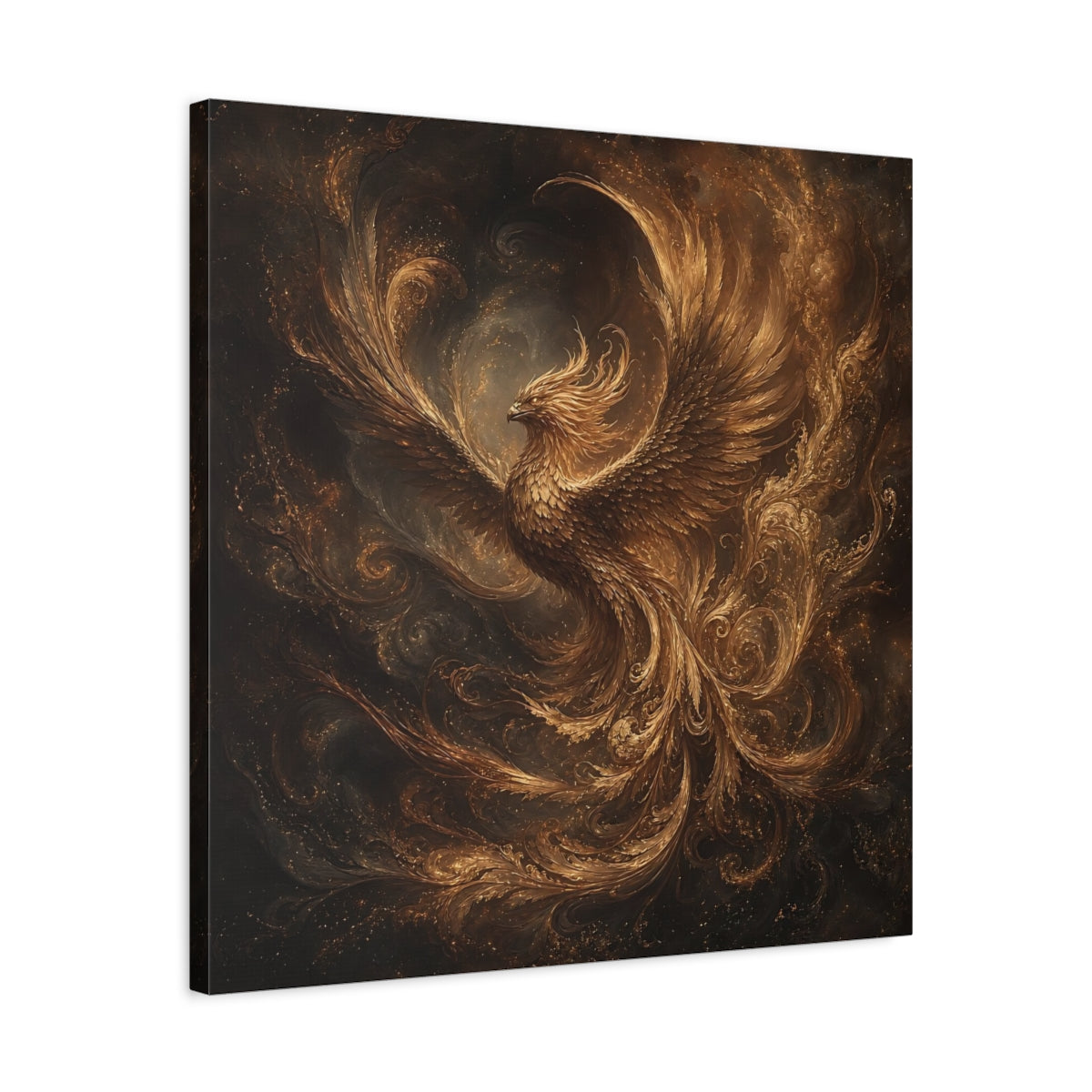 Side Mockup 4. Fairytale Golden Phoenix Gold And Black shown as stretched canvas wall art
