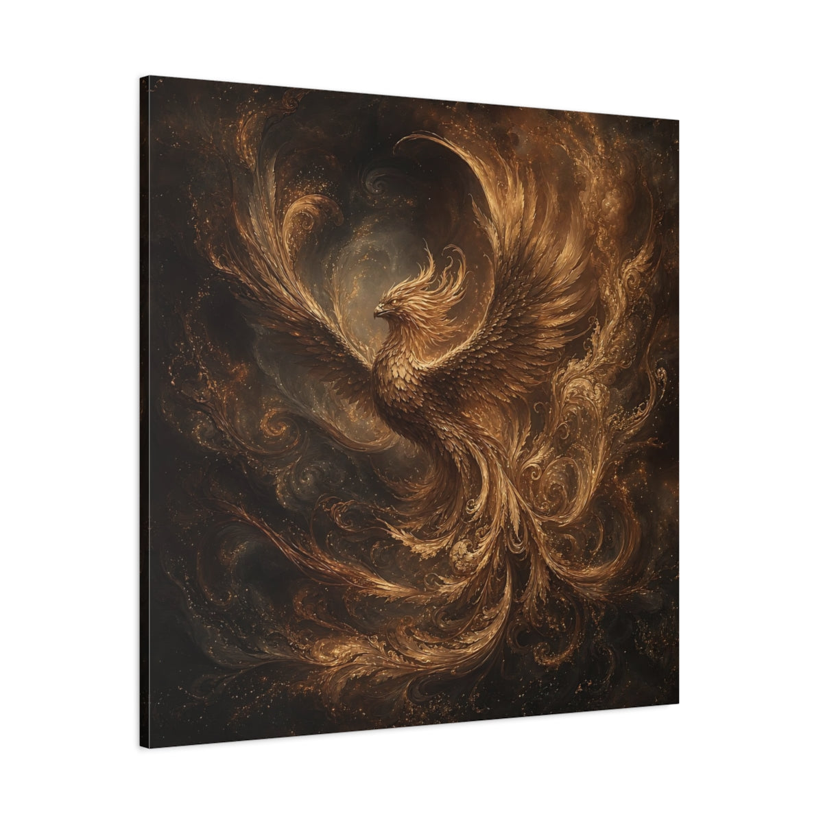 Side Mockup 1. Fairytale Golden Phoenix Gold And Black shown as stretched canvas wall art
