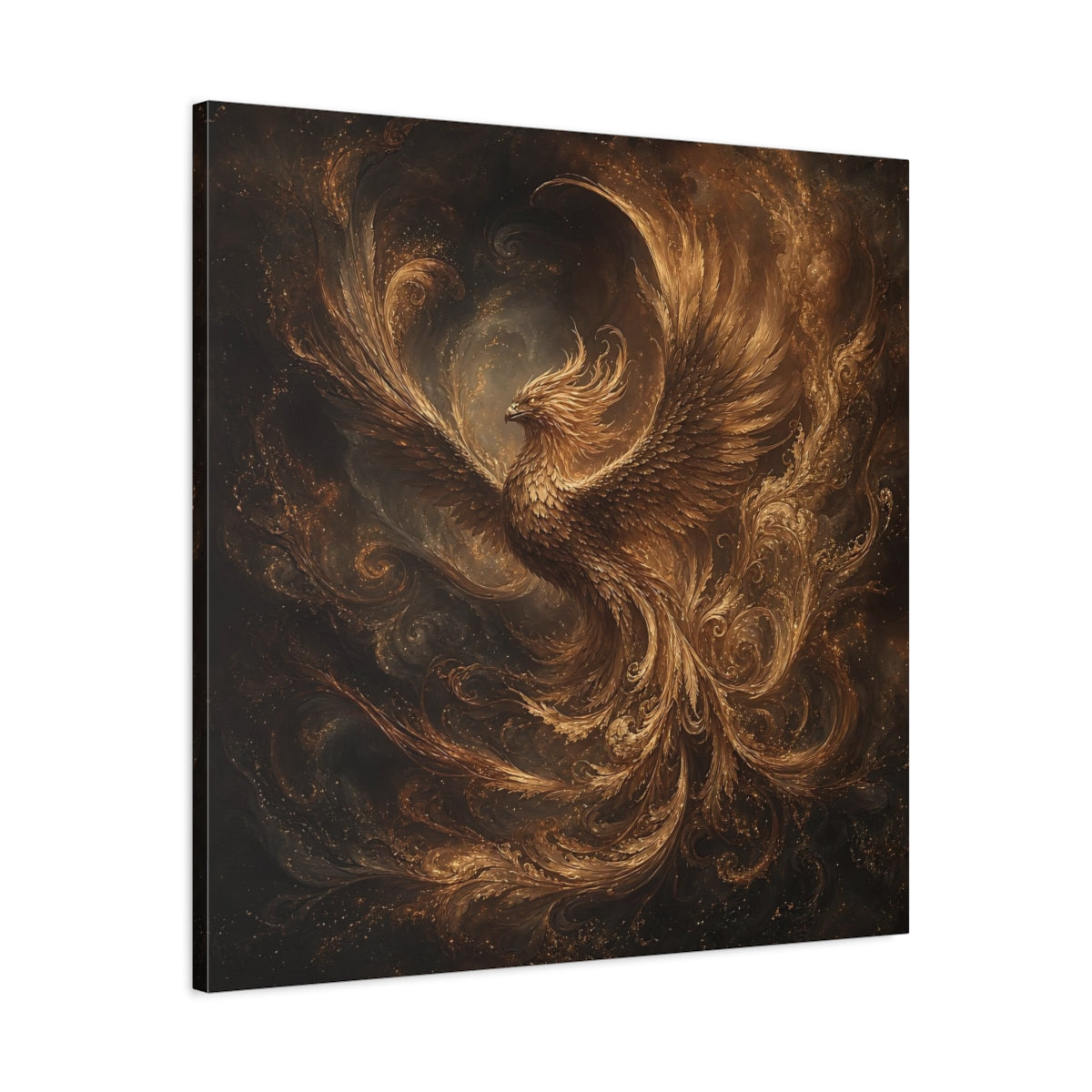 Side Mockup 3. Fairytale Golden Phoenix Gold And Black shown as stretched canvas wall art
