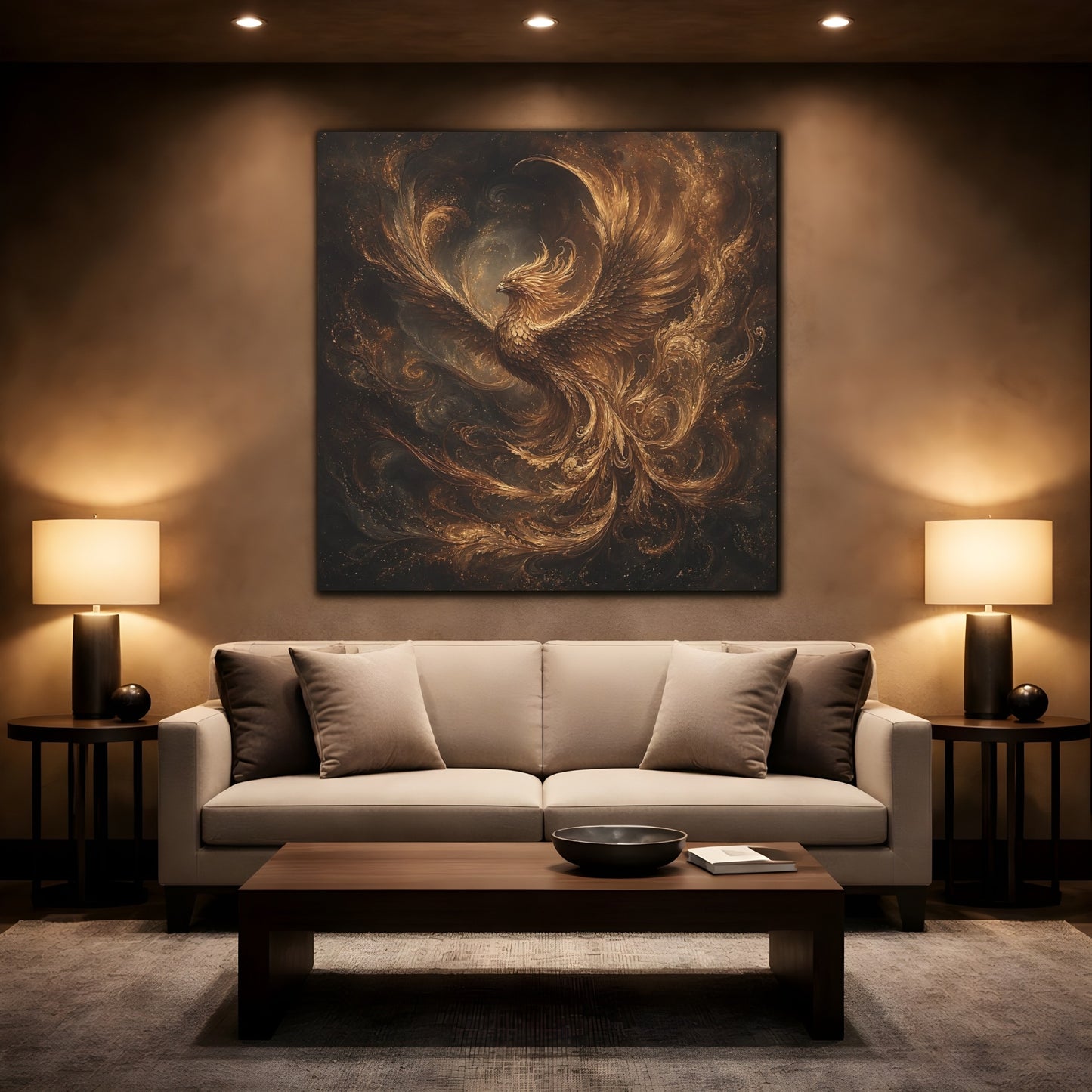 Mockup 2. Fairytale Golden Phoenix Gold And Black shown as stretched canvas wall art