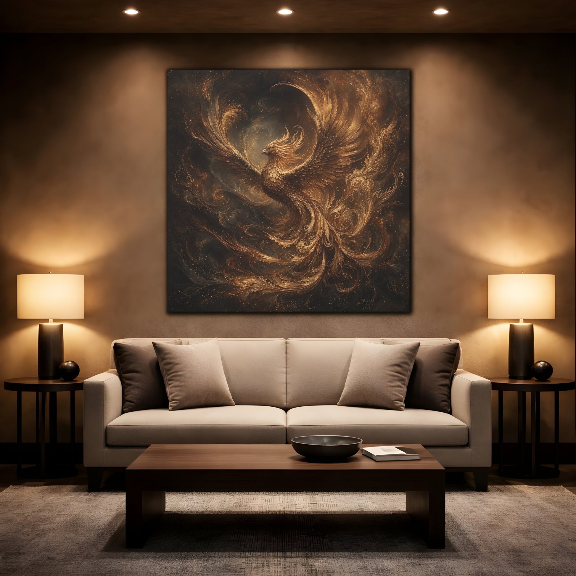 Mockup 2. Fairytale Golden Phoenix Gold And Black shown as stretched canvas wall art