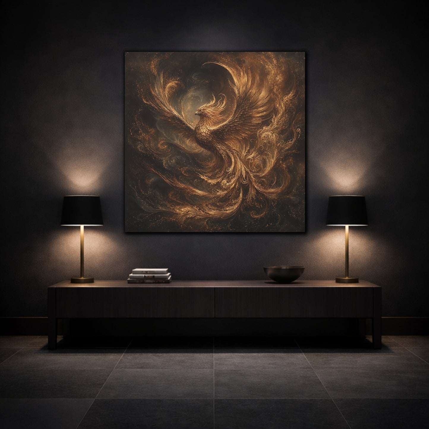 Mockup 3. Fairytale Golden Phoenix Gold And Black shown as stretched canvas wall art