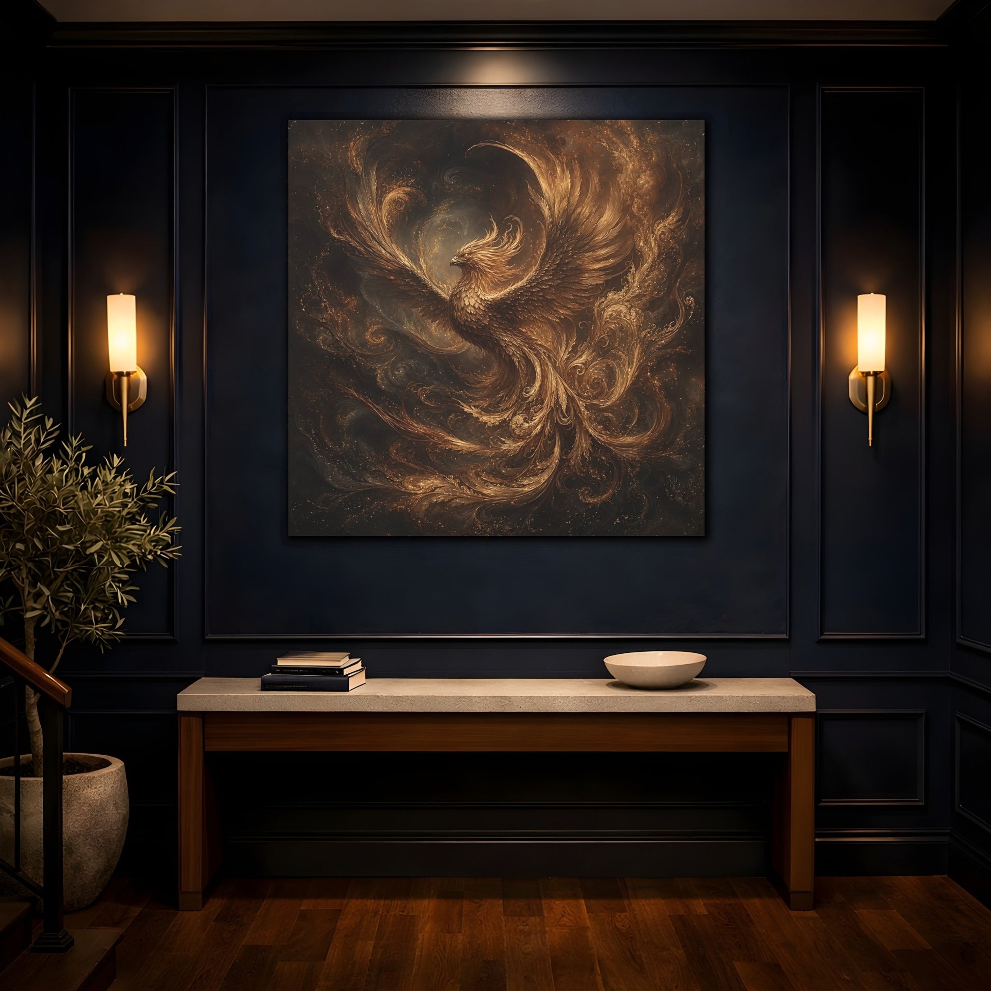 Mockup 4. Fairytale Golden Phoenix Gold And Black shown as stretched canvas wall art