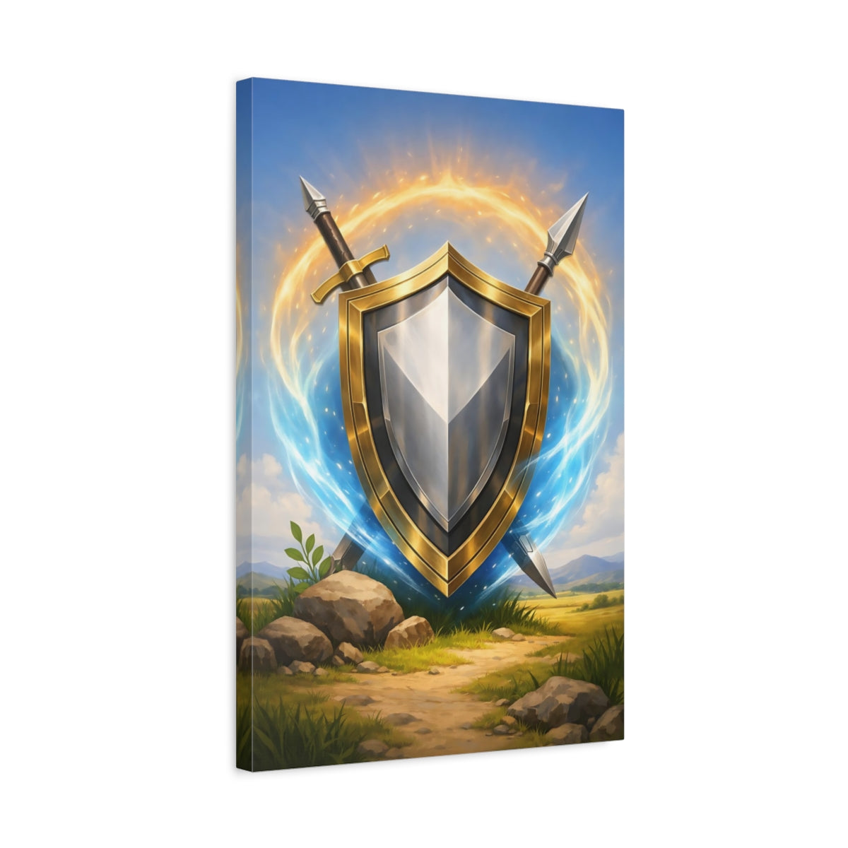 Side Mockup 3. Fairytale Golden Shield Golden Shield shown as stretched canvas wall art