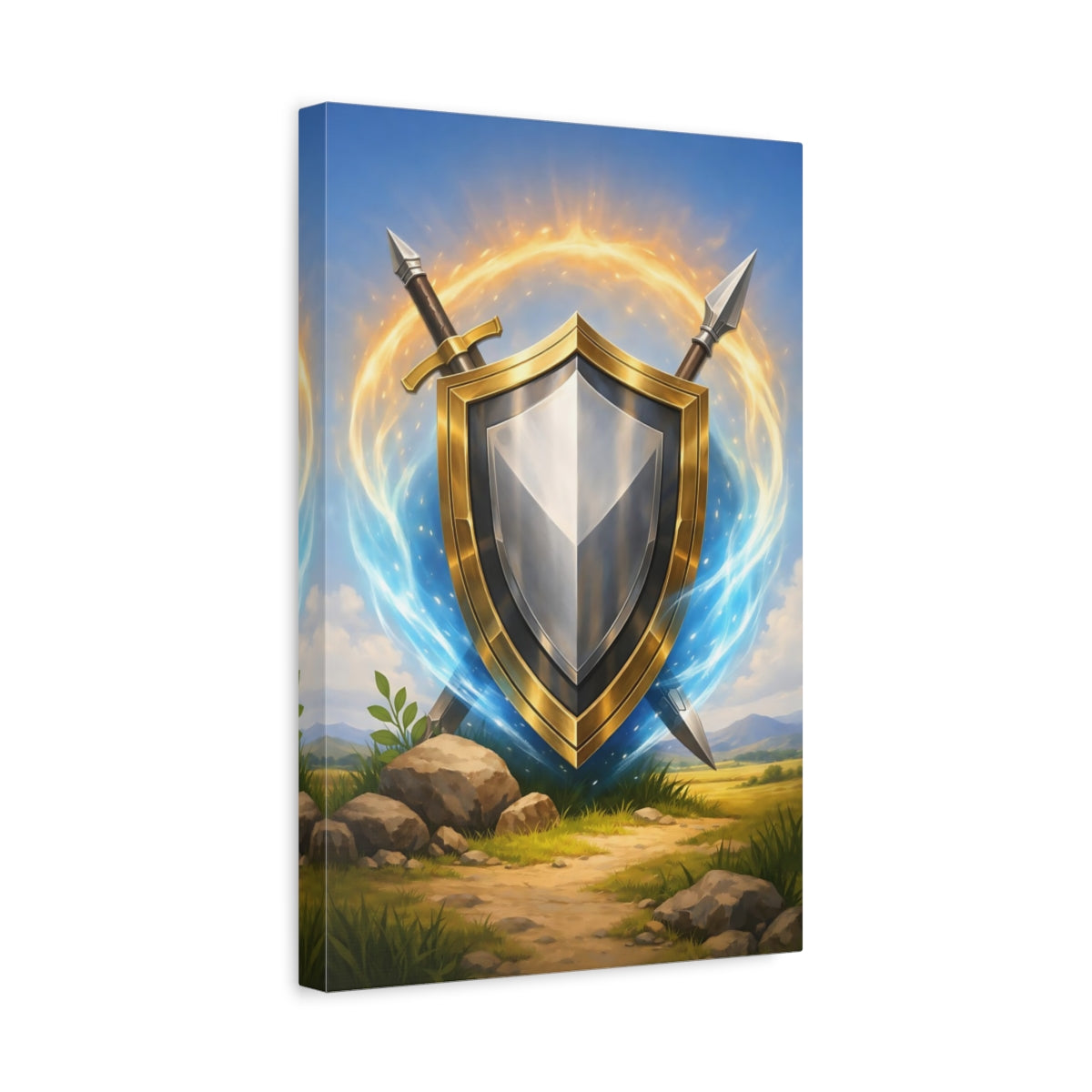 Side Mockup 4. Fairytale Golden Shield Golden Shield shown as stretched canvas wall art