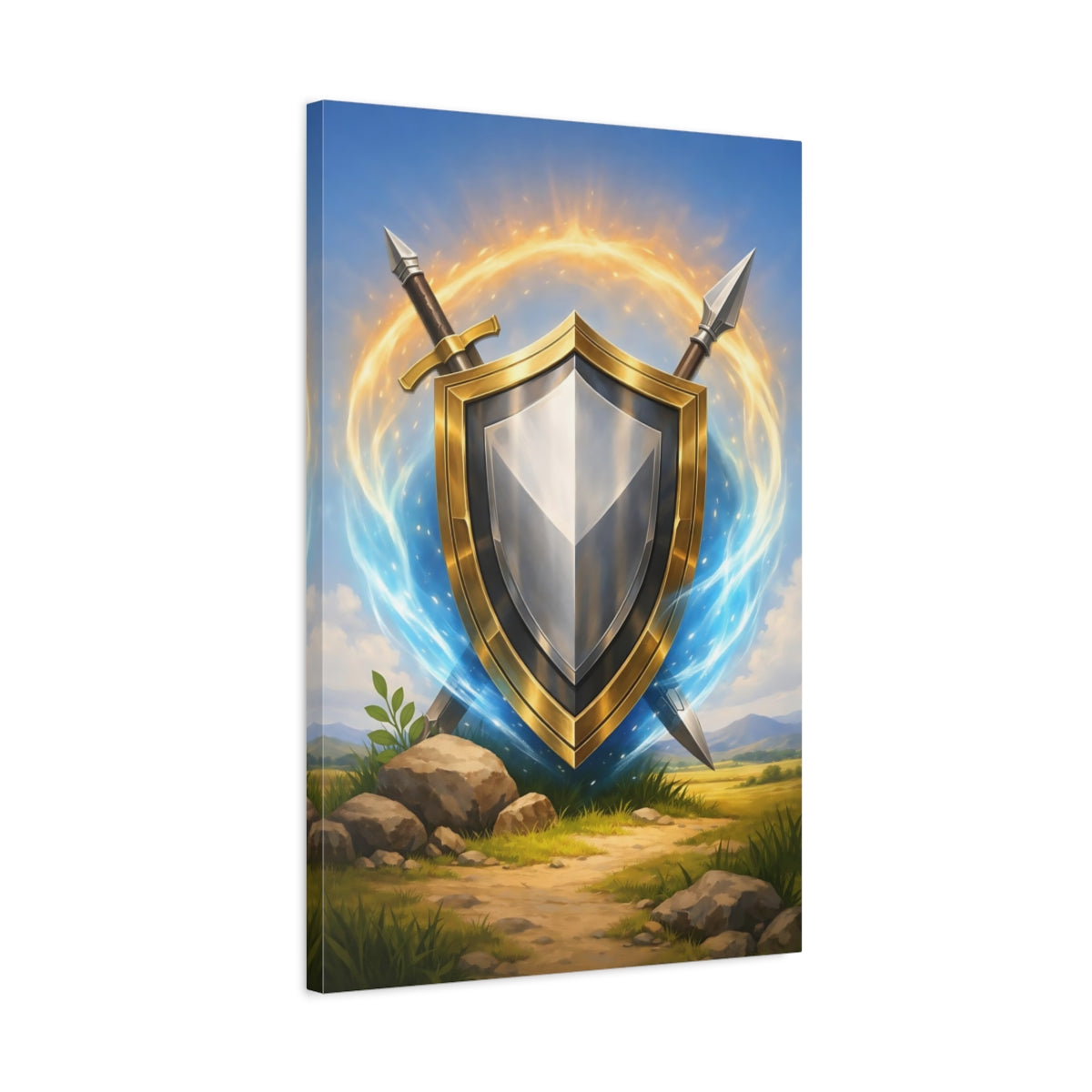 Side Mockup 2. Fairytale Golden Shield Golden Shield shown as stretched canvas wall art