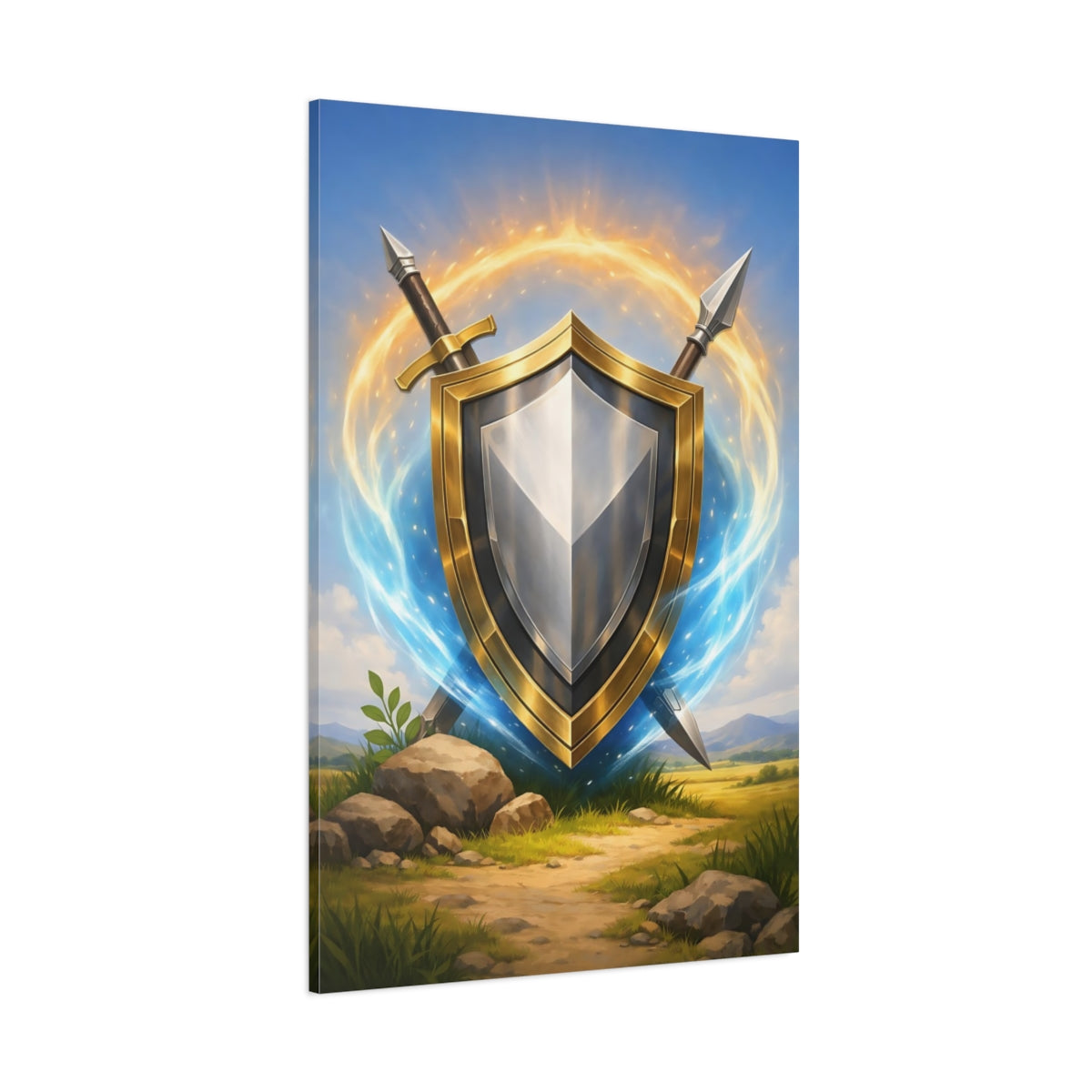 Main Mockup. Fairytale Golden Shield Golden Shield shown as stretched canvas wall art