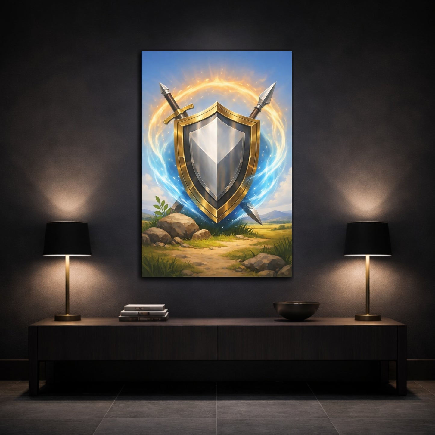 Mockup 2. Fairytale Golden Shield Golden Shield shown as stretched canvas wall art