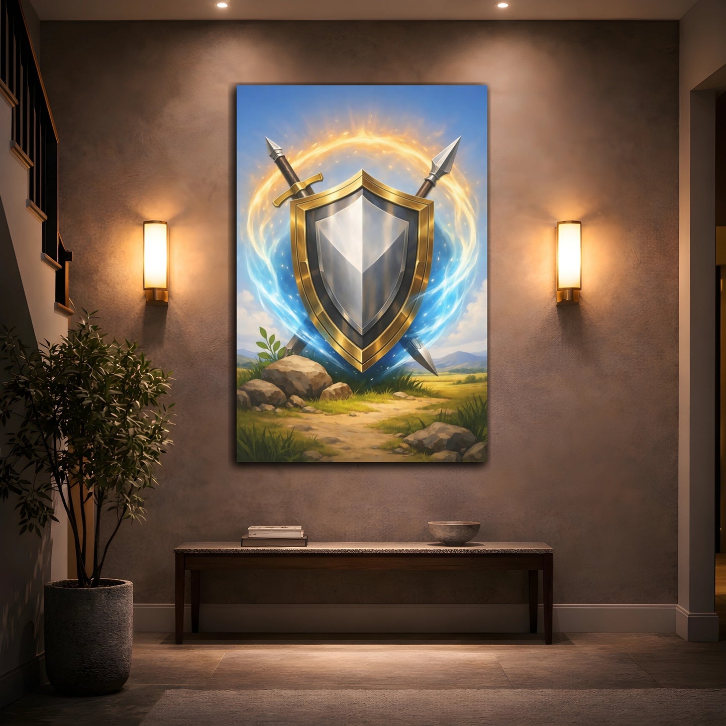 Mockup 3. Fairytale Golden Shield Golden Shield shown as stretched canvas wall art