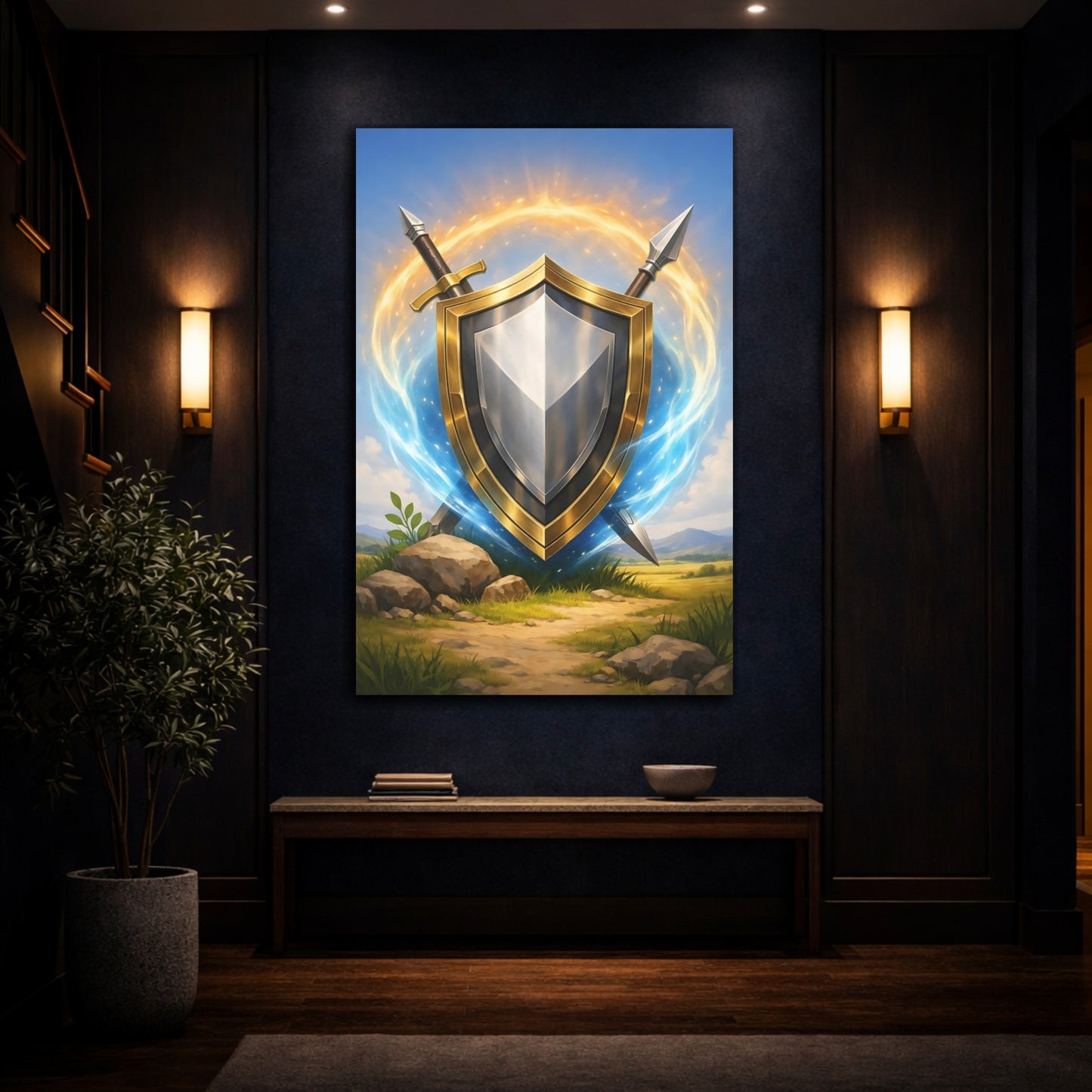 Mockup 4. Fairytale Golden Shield Golden Shield shown as stretched canvas wall art