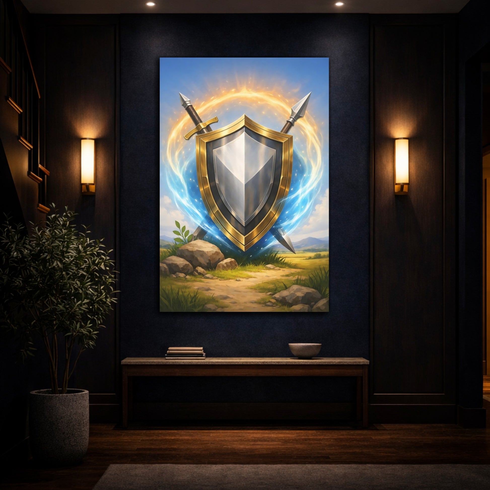 Mockup 4. Fairytale Golden Shield Golden Shield shown as stretched canvas wall art