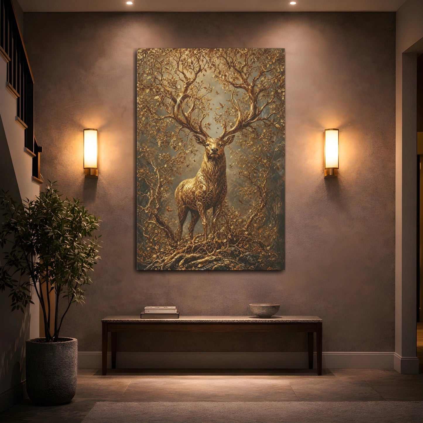 Fairytale Golden Stag Canvas Wall Art Print – Luxury Living Room, Above Sofa - YesArtYes