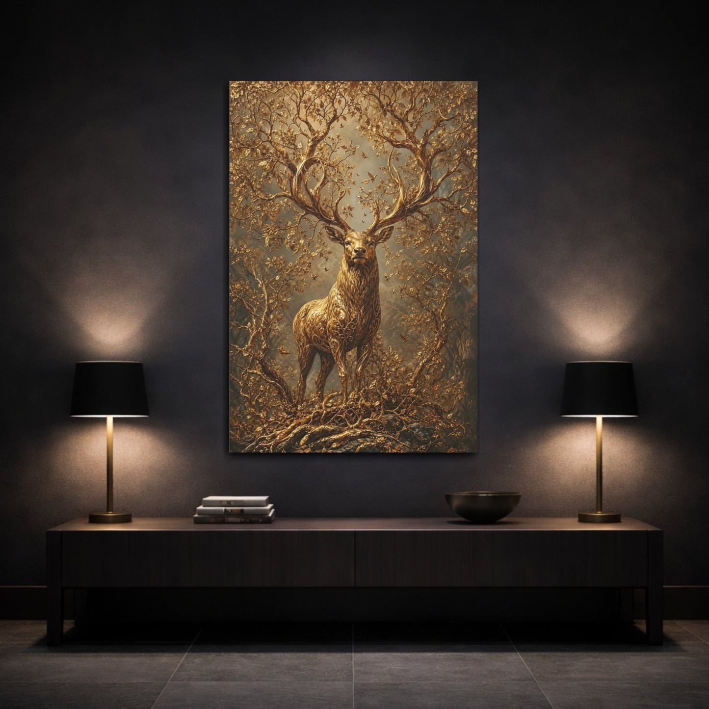 Fairytale Golden Stag Canvas Wall Art Print – Luxury Living Room, Above Sofa - YesArtYes