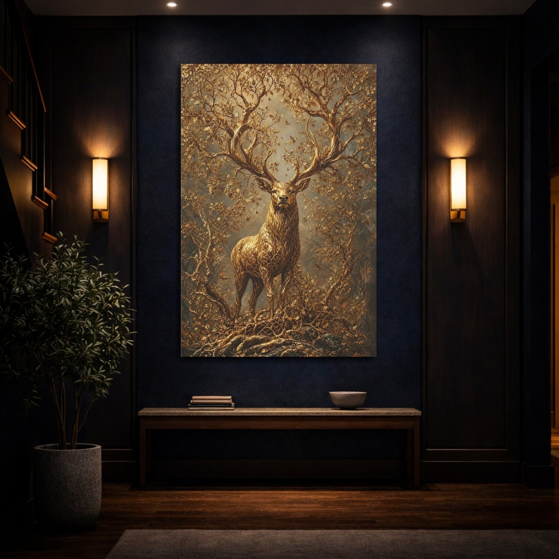 Fairytale Golden Stag Canvas Wall Art Print – Luxury Living Room, Above Sofa - YesArtYes
