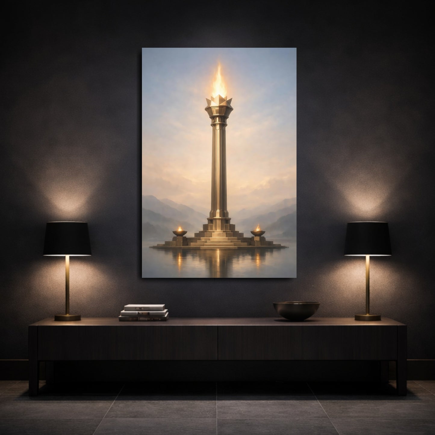 Mockup 2. Fairytale Golden Torch Gold And Blue shown as stretched canvas wall art