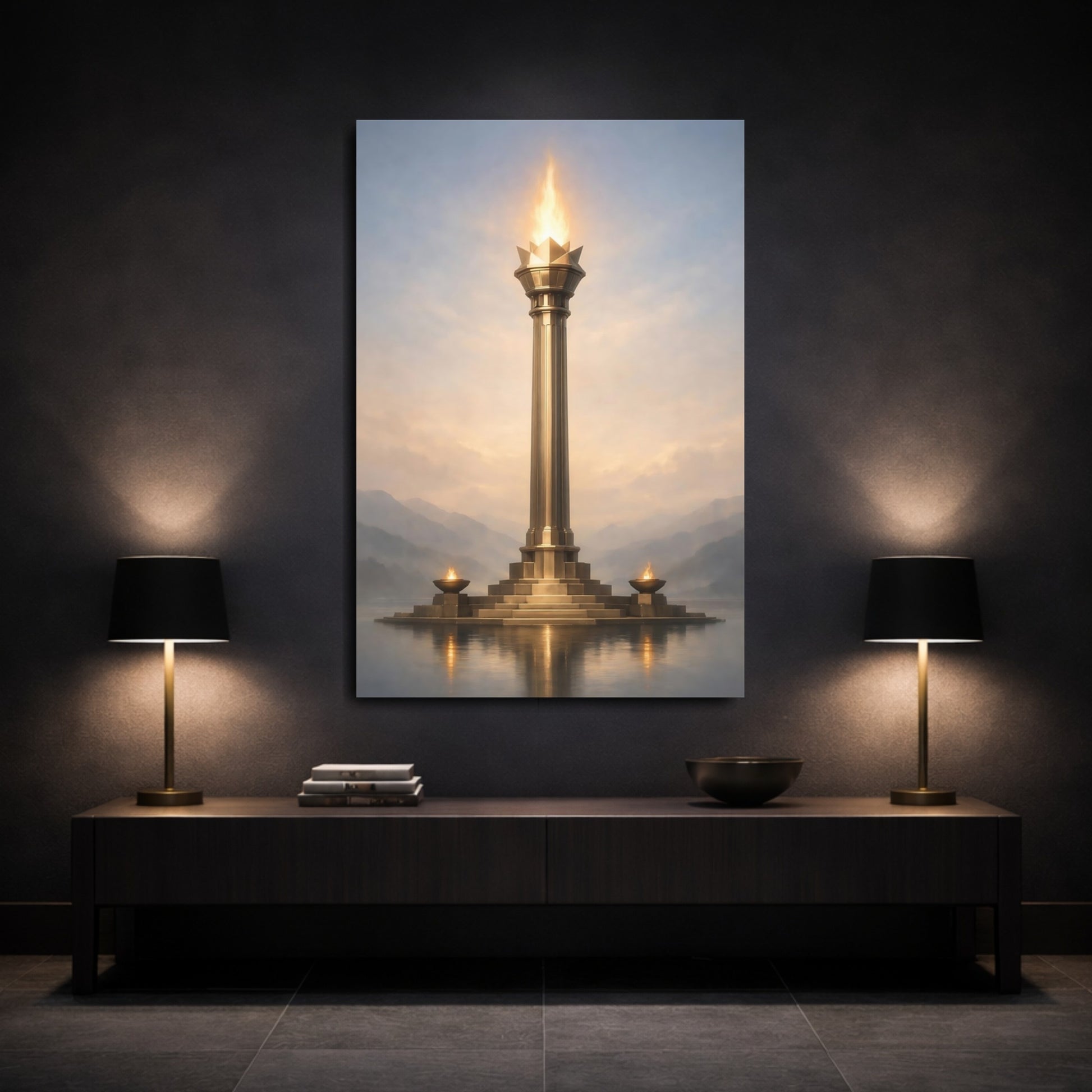 Mockup 2. Fairytale Golden Torch Gold And Blue shown as stretched canvas wall art