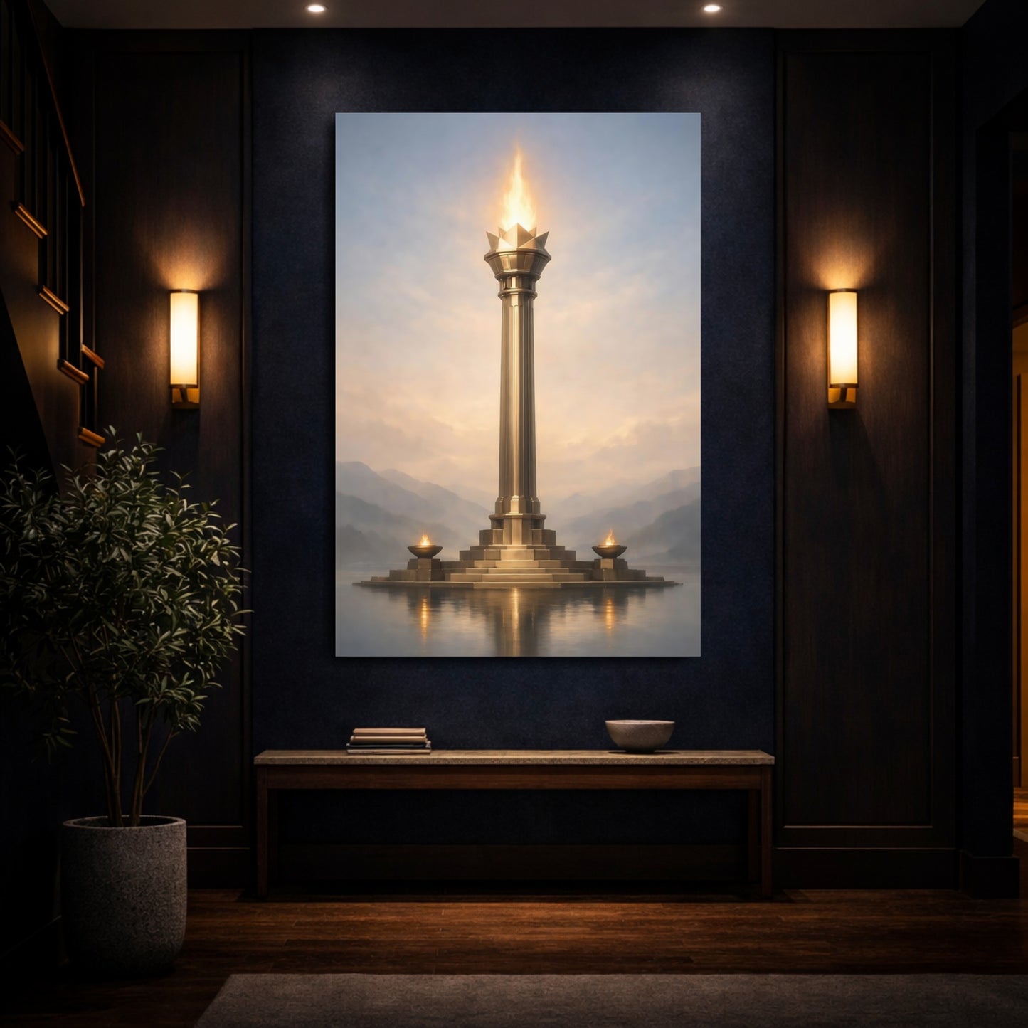 Mockup 3. Fairytale Golden Torch Gold And Blue shown as stretched canvas wall art