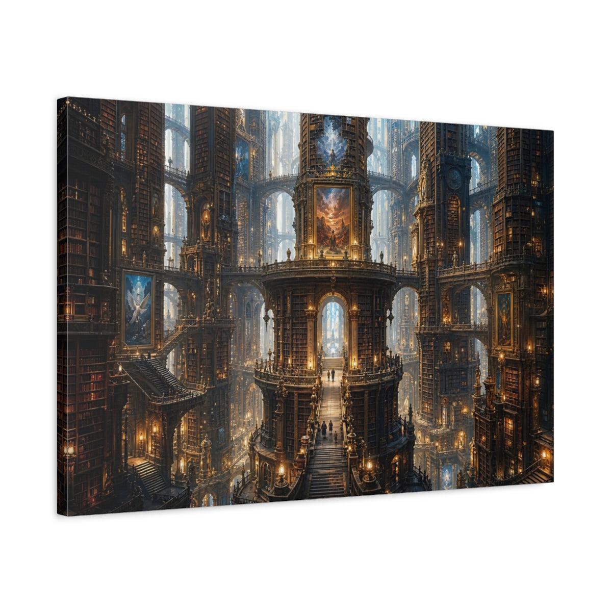 Side Mockup 2. Fairytale Grand Library Brown And Gold Library shown as stretched canvas wall art