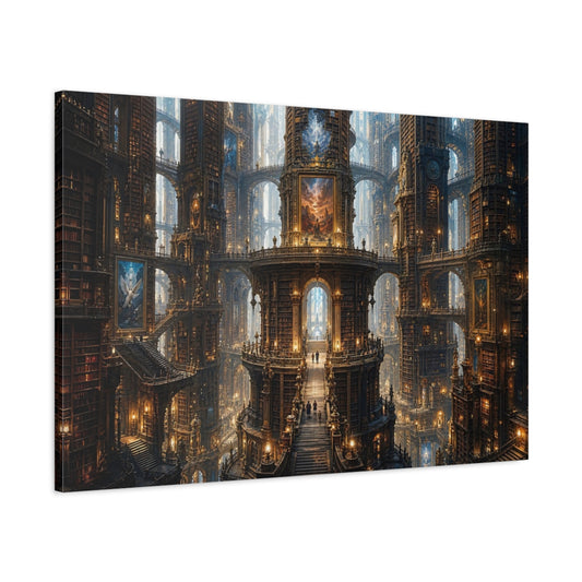Main Mockup. Fairytale Grand Library Brown And Gold Library shown as stretched canvas wall art