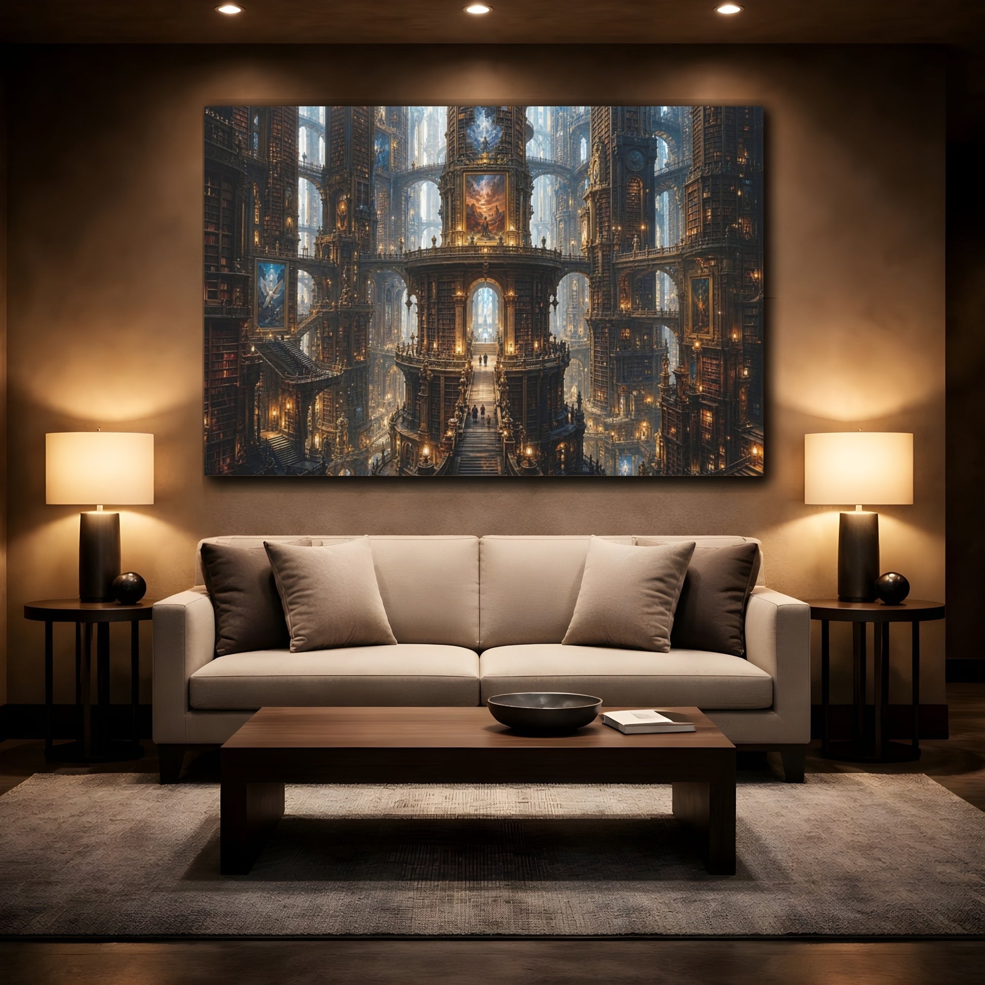 Mockup 2. Fairytale Grand Library Brown And Gold Library shown as stretched canvas wall art