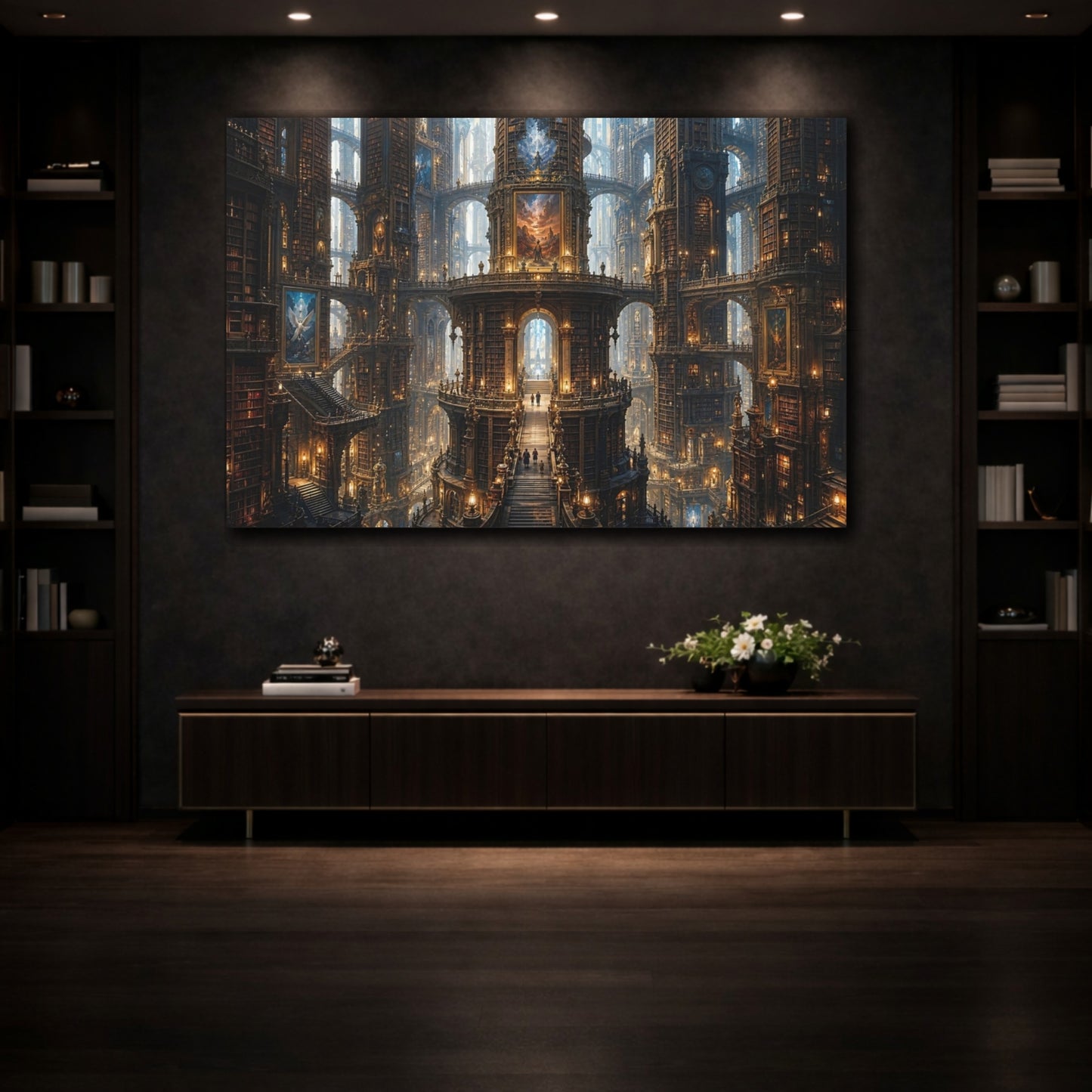 Mockup 3. Fairytale Grand Library Brown And Gold Library shown as stretched canvas wall art