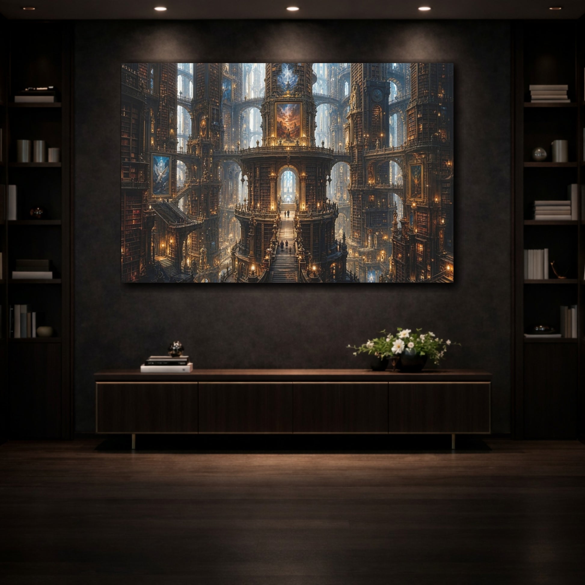 Mockup 3. Fairytale Grand Library Brown And Gold Library shown as stretched canvas wall art