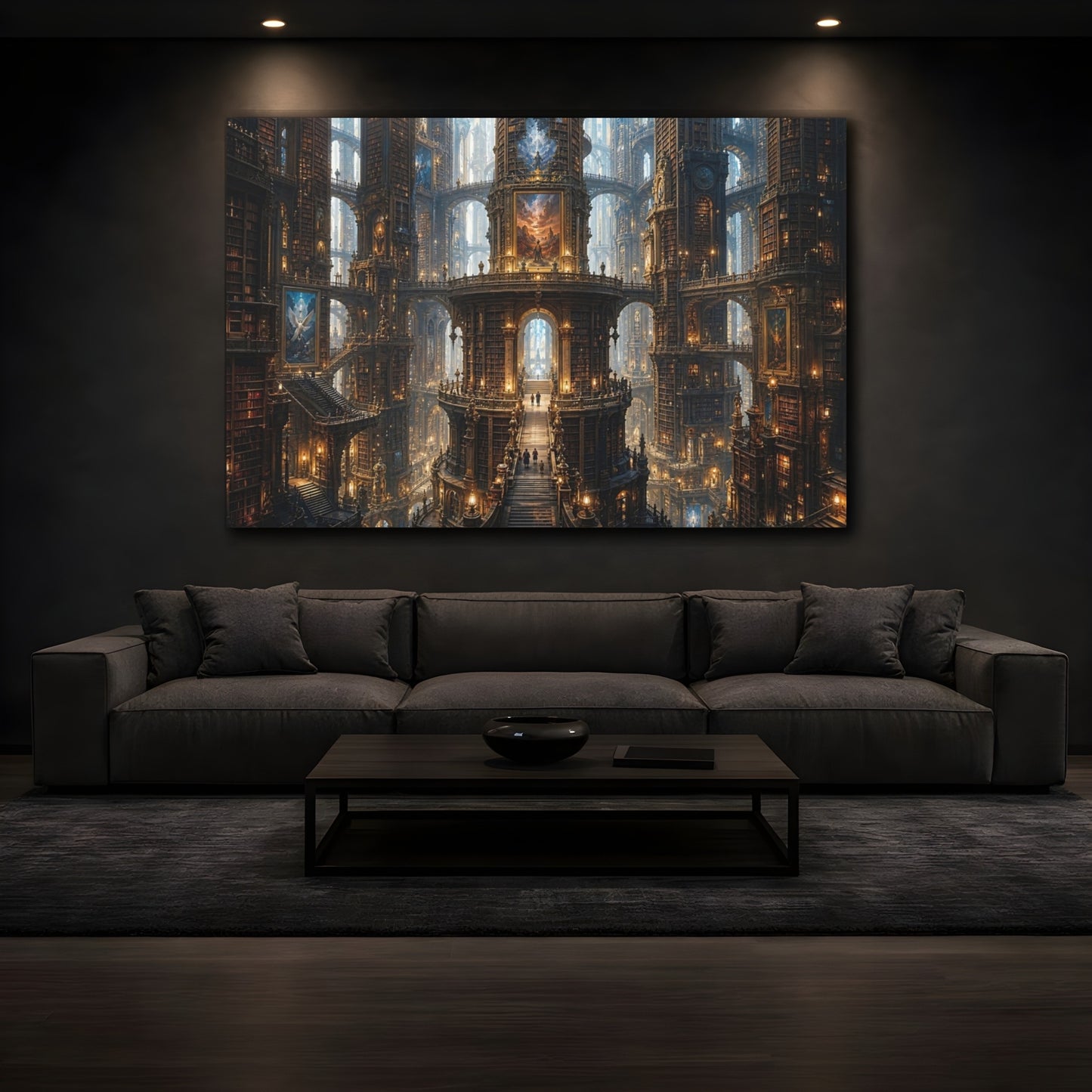 Mockup 4. Fairytale Grand Library Brown And Gold Library shown as stretched canvas wall art