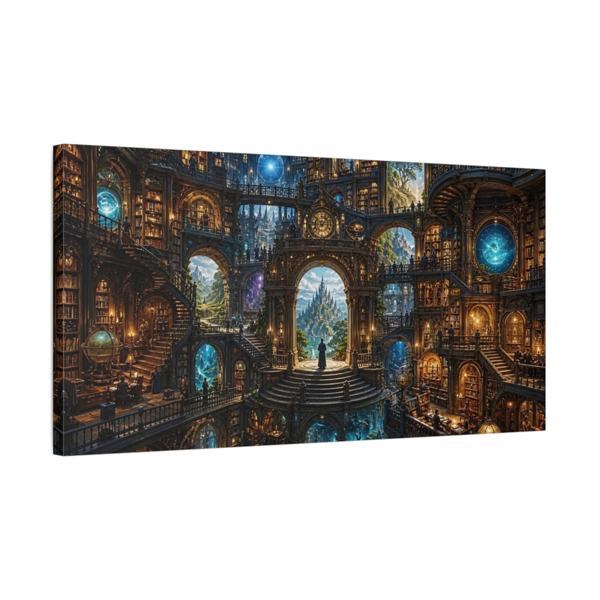 Side Mockup 1. Fairytale Grand Library Fantasy Library Architecture shown as stretched canvas wall art