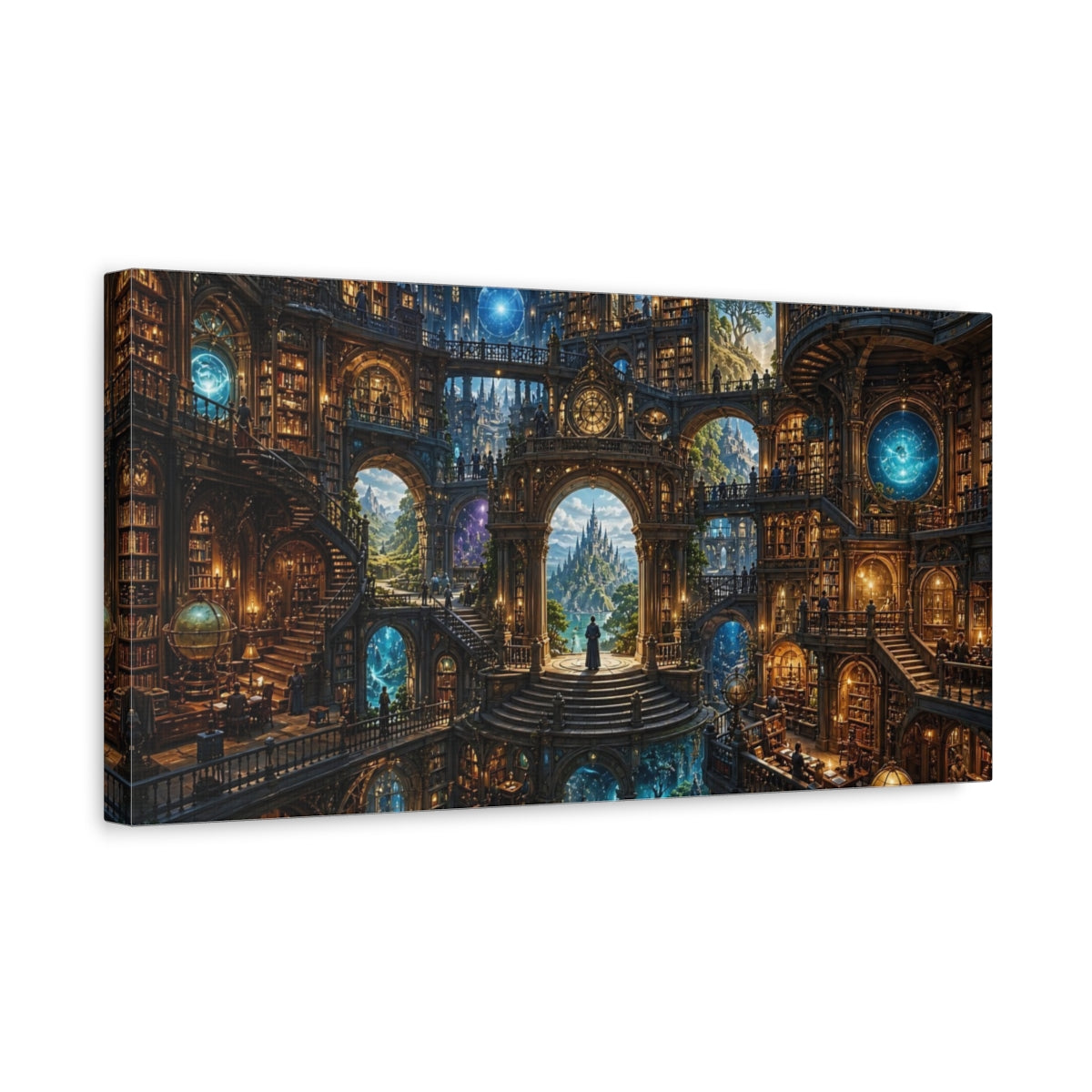 Side Mockup 3. Fairytale Grand Library Fantasy Library Architecture shown as stretched canvas wall art