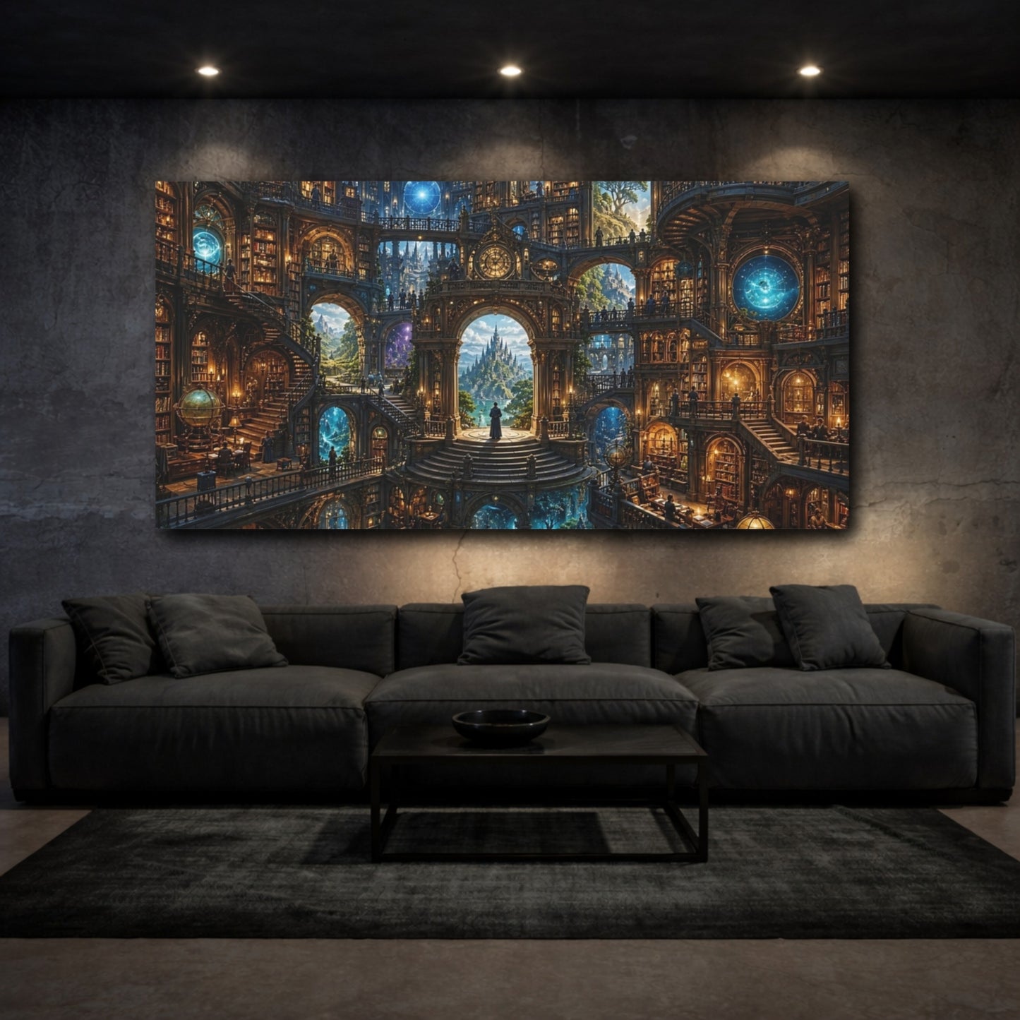 Mockup 2. Fairytale Grand Library Fantasy Library Architecture shown as stretched canvas wall art